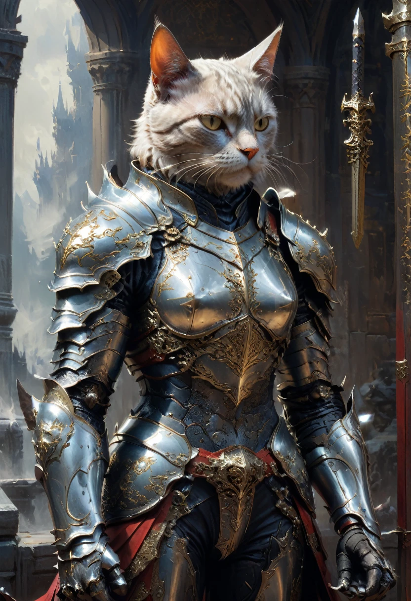 Cat Knight, (cat:1.4), by ruan_jia, best quality, masterpiece, very aesthetic, perfect composition, intricate details, ultra-detailed