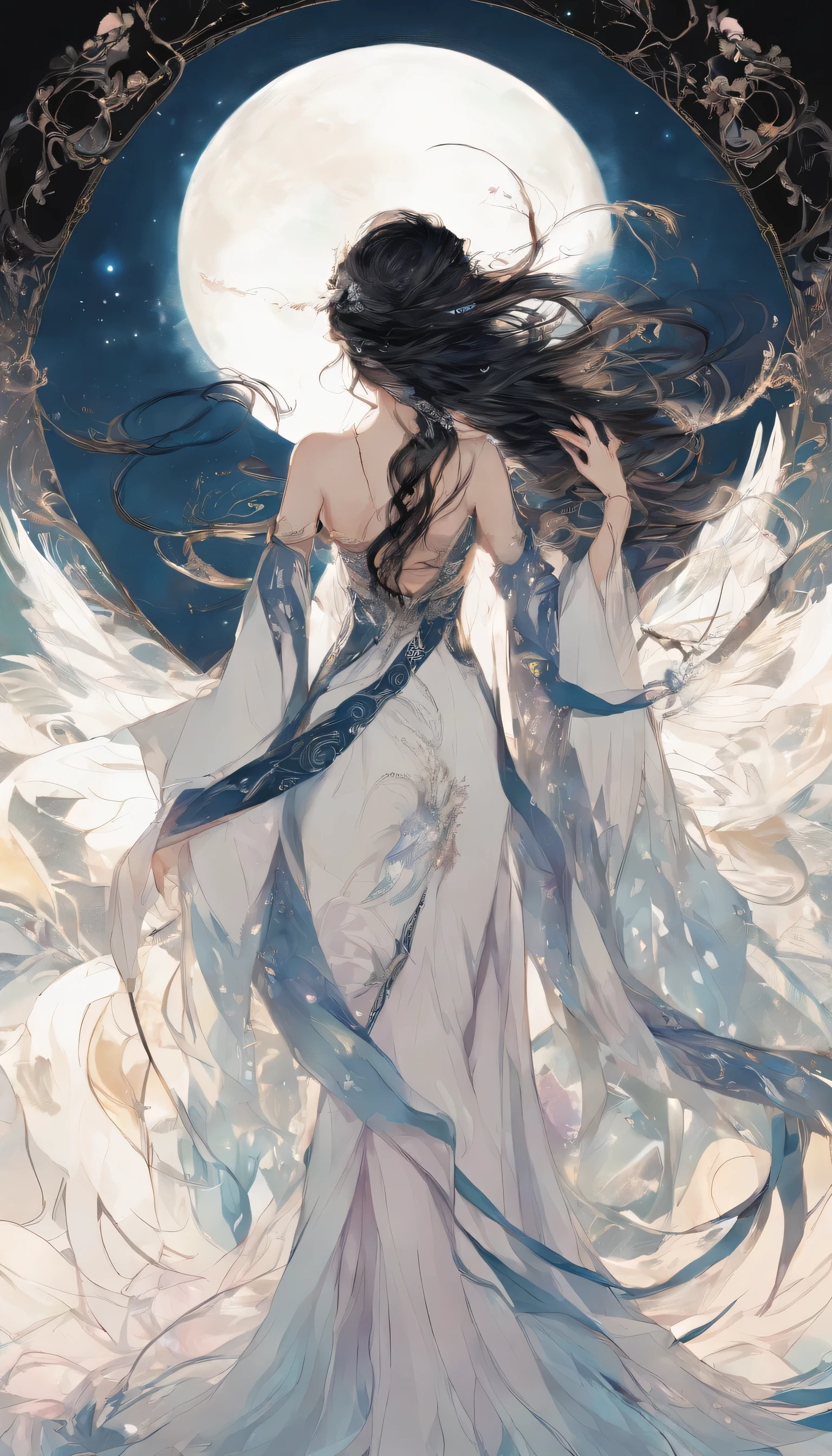 Body painting of a European female, kneeling down while crying angrily, black burn scar on the whole left side of her body, long hair, very messy hair, silver hair, dark blue eyes, white diamond pupil, sharp black claws on her left hand, thorny frame, Decorative panels, abstract, night time,
artistic, by Alphonse Mucha
(Masterpiece, Best Quality, Highres:1.4), Detailed, Intricate Details, 4K, color splashes, line art, Expression of anger, Perfect body proportions, kaftan, Black and white robes, A scabbard hangs from her waist, beautiful, Full body view,(Night background:1.3), swordswoman, she held a long knife that was wide and heavy in her hand, Face the lens, (Blackn clothes:0.8), High detail, Masterpiece, ccurate, Anatomically correct, Textured skin