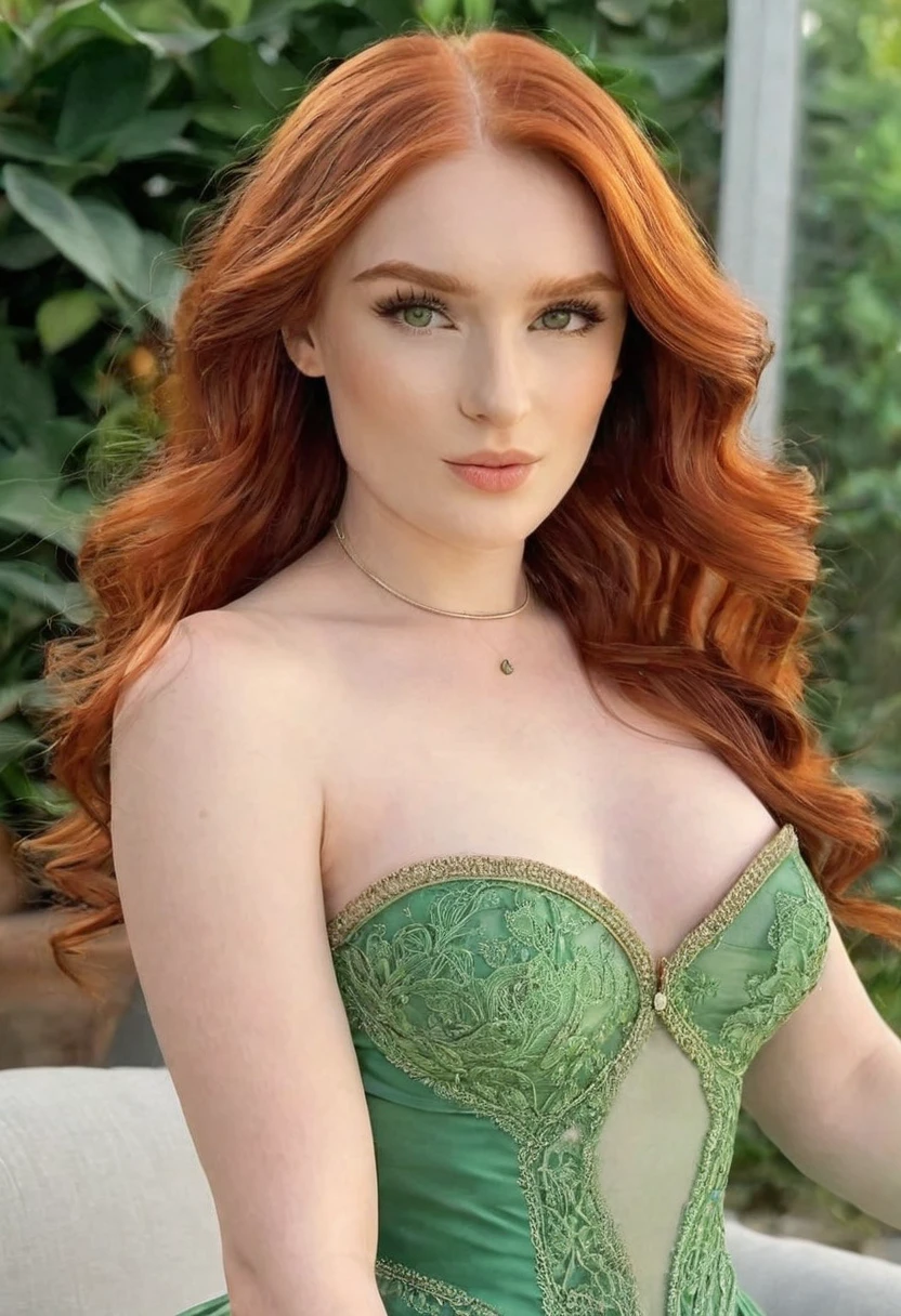 (best high quality:1.2), obra de arte, 8k, extremely detailed, (High detail:1.2), ((perfect anatomy in hands)), (Hotlexi woman), Solo, 24 year old red-haired Irish female With subtle eyes slightly green, ((dress strapless)),