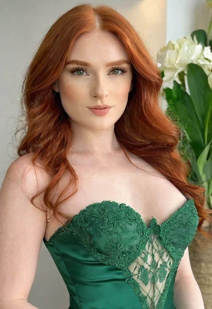 a photograph of Madelaine Petsch with windswept tresses, posing by sitting on a stool, beautiful long sexy legs, long wavy ginger hair, pale skin, minimalistic room, enthusiasm, happy, brown lingerie, model body, C-cup breats, direct look at camera, sexy pose, freckless, green eyes