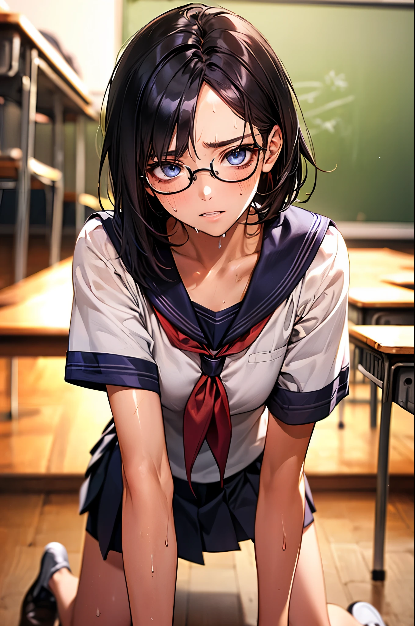 ((perfect anatomy:1.3,realistic:1.3,RAW Photography:1.3,masterpiece、highest quality、Ultra - High resolution、High resolution、Highly detailed CG、8K)),cowboy shot,1 female,solo,18 year old beauty, Japanese、((beautiful detailed face and eyes:1.2,big gorgeous eyes:1.2)),black rim glasses、black hair,short bob hair,(center parted hair:1.4,forehead),medium breasts,slender body,small head:1.3,skinny,(oily skin,gleaming skin,shiny skin,sweat:1.5),(Student uniform、sailor suit、short sleeve、Black sailor collar、Red neckerchief,pleated mini skirt、bare legs),on all fours、classroomの床、classroom、