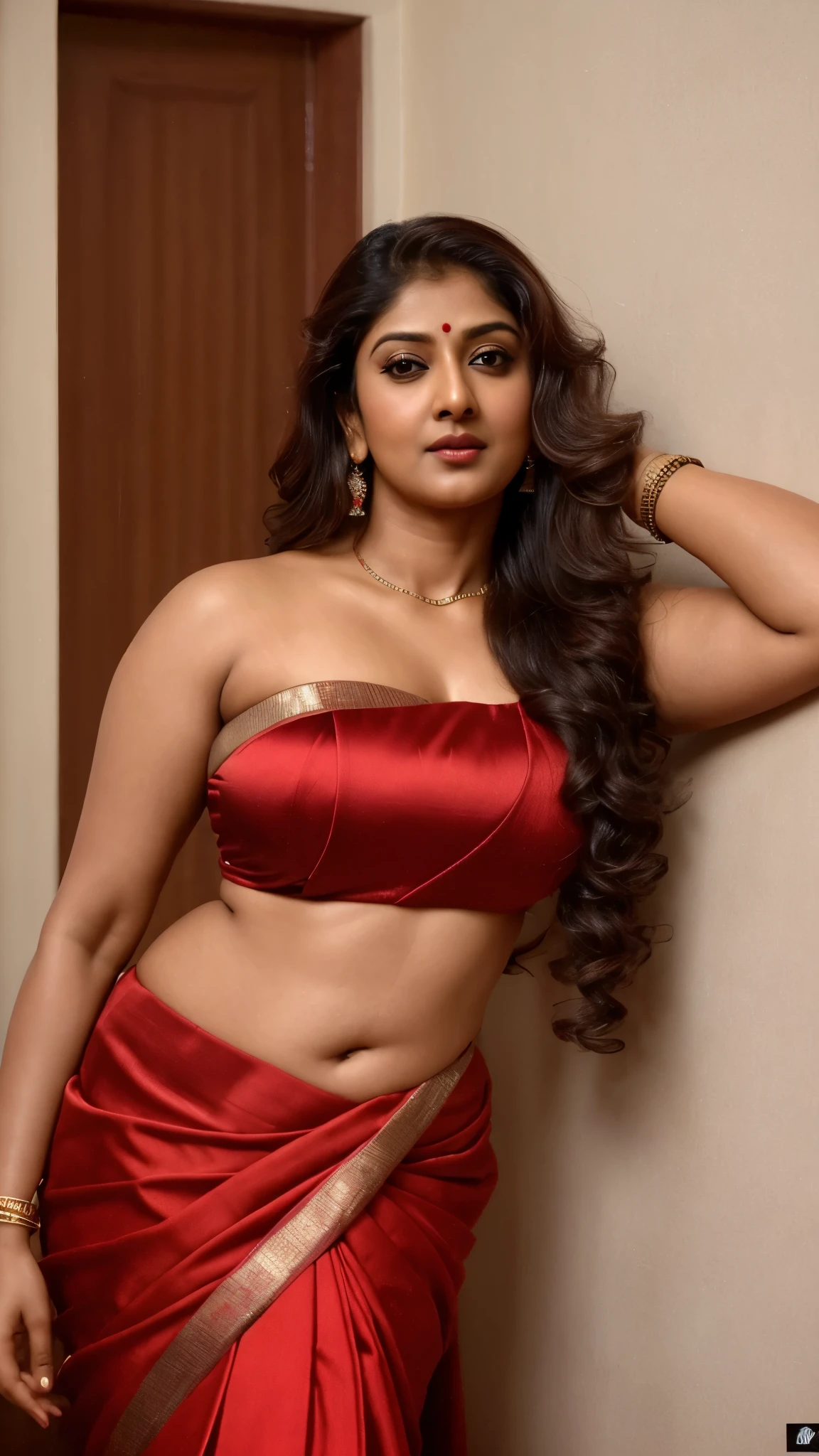 Wearing a sexy satin saree with strapless Bra, sexy Indian housewife, Looks like Indian Actress Nayanthara, actress Nayanthara, mallu, mallu aunty, desi aunty, full figured mature beauty, sweaty skin , shining skin, sweat, attractive figure, 48 years old, spicy hot, desi milf, desi aunty, a close up of a woman in a red dress in a bedroom, inspired by Avigdor Arikha, sleek!!!, indian super model, wavy hair combed to one side, actress, by Jitish Kallat, smoldering, intense smoldering, fashion, an angel, print ready, with a dramatic looking, inspired by Sudip Roy, seductive look, sexy Saree queen, sexy Saree fashion, seductive Saree, wear saree, sizzling hot Beauty, red juicy lips, detailed armpits,