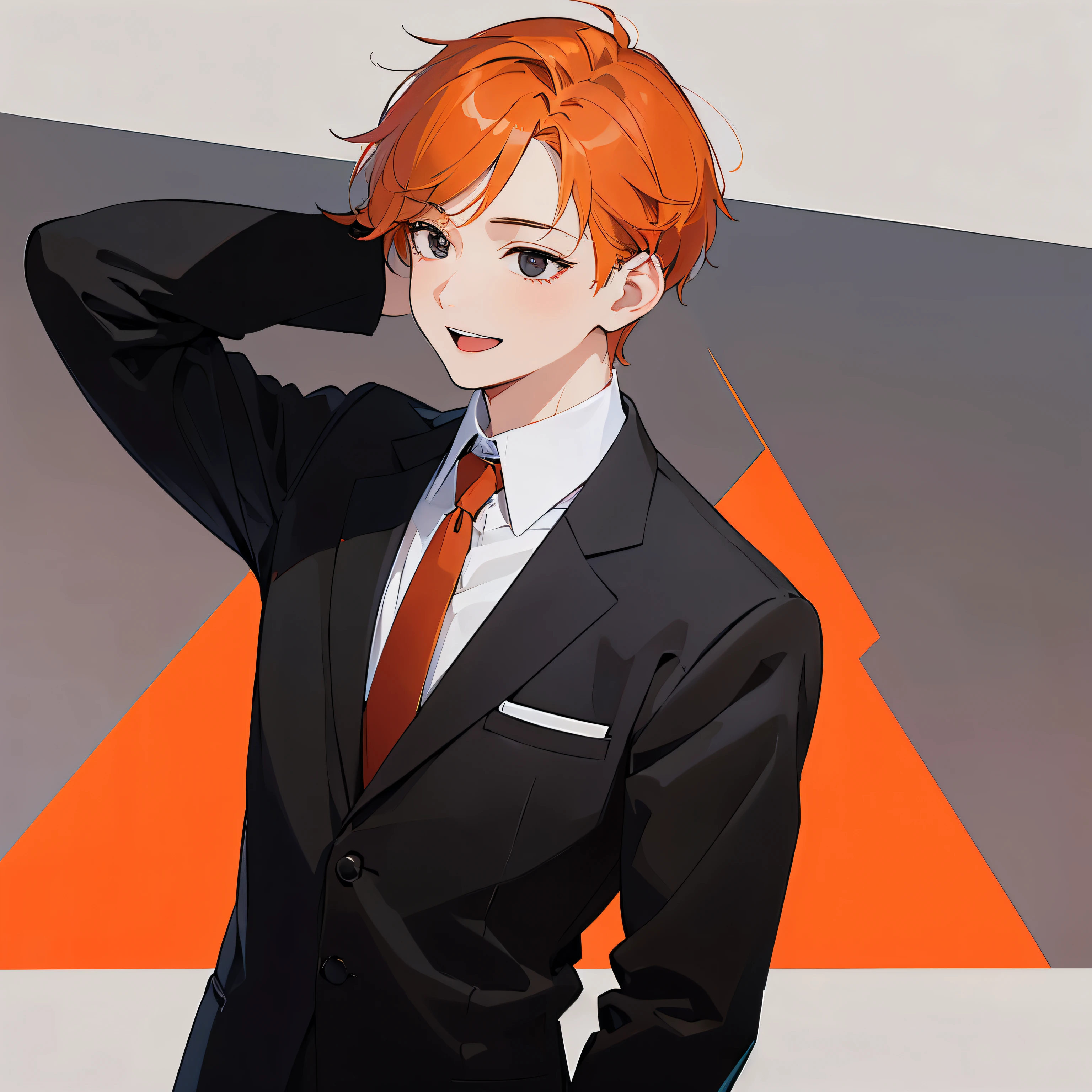 (desviando o olhar:1.5), atirando de lado、obra-prima、alta qualidade、Homem de 25 anos com cabelo curto laranja e olhos pretos、(usa um terno preto:1.2)、camisa branca、gravata vermelha、(sozinho:1.5)、(Sorriso:1.1)、boca aberta, (Only the upper body is shown.:1.3)、The background is the office、standing、Bold composition、