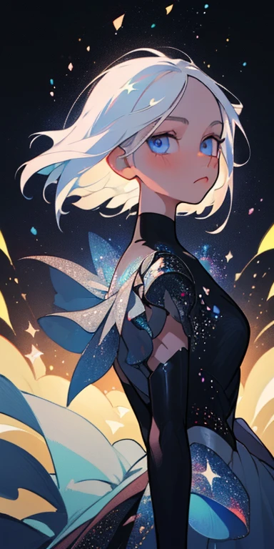 (best quality, masterpiece), 1girl, galaxy, glitter, dress, particle, wind, flower, upper body, dark simple background, looking at viewer, white hair, blue eyes