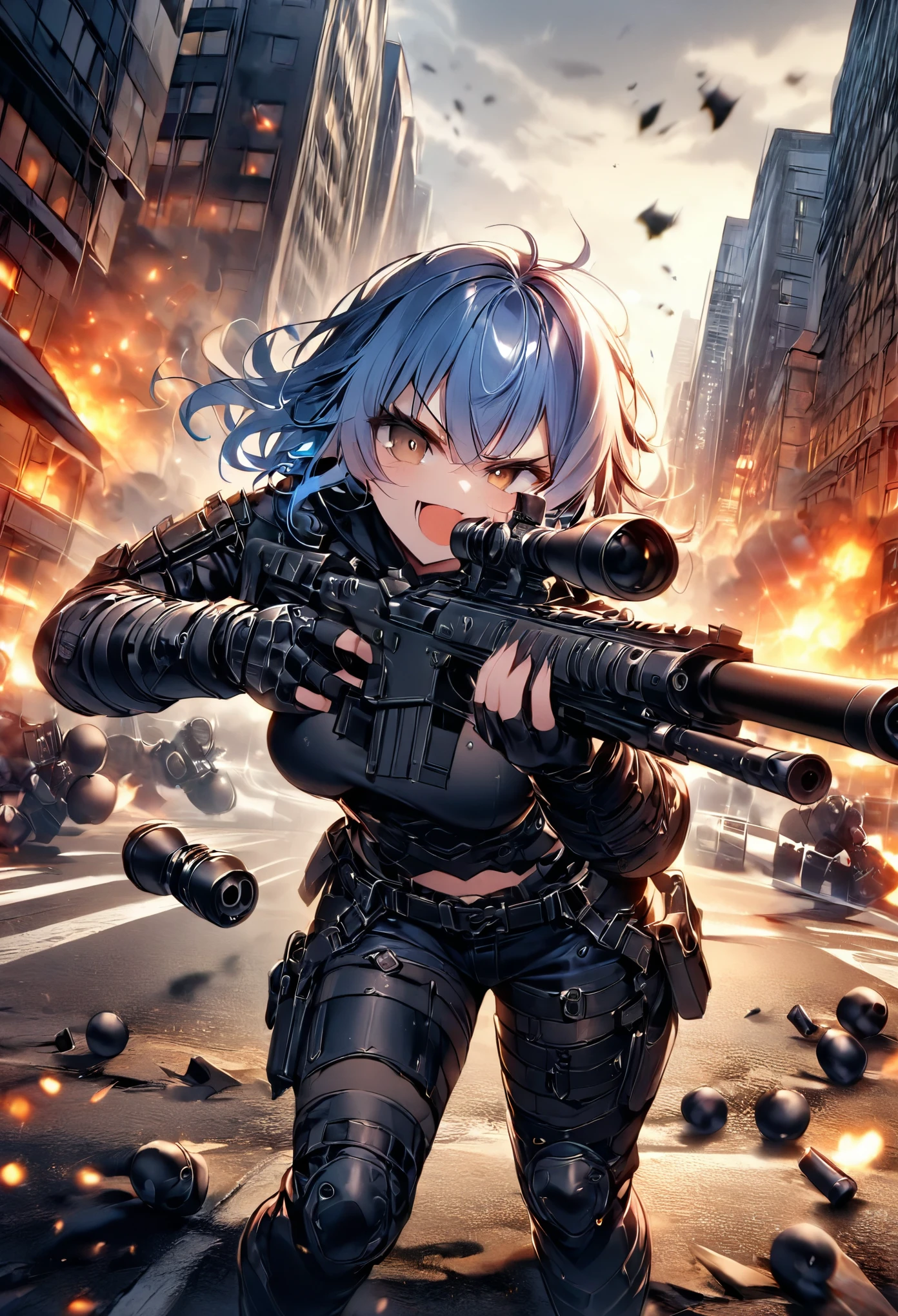 1girl, mercenary, blue hair, short hair, wavy hair, brown eyes, hazel, maniacal laugh, v-shaped eyebrow, evil smile, open mouth ammunition belt, grenades, drop-down pistol holster on the right hip, holstered pistol on the right hip, (holding an sniper rifle, aiming at viewer), new york street, gunfight, shootout, shot NYPD cruisers, an explosion in the street