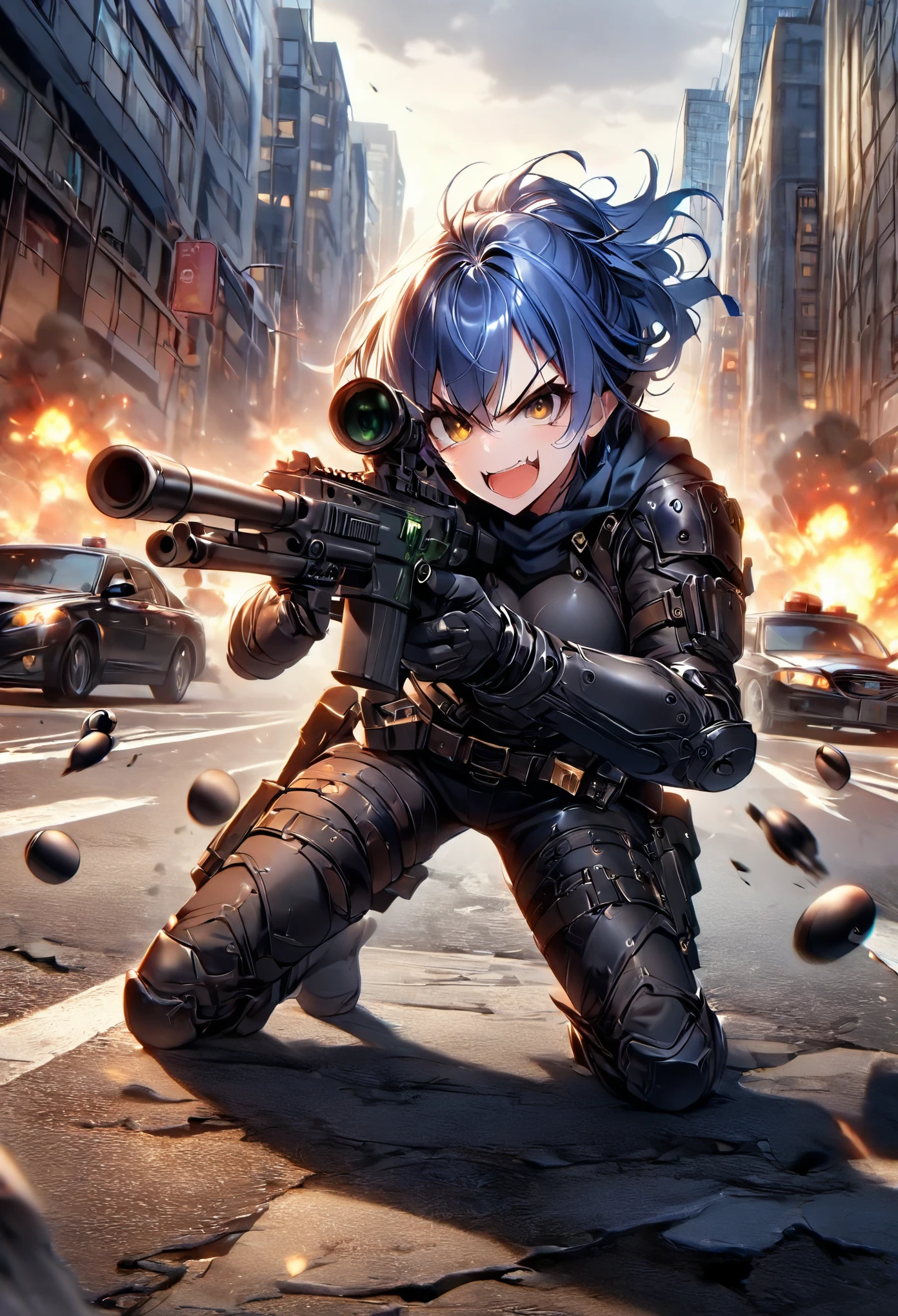 1girl, mercenary, blue hair, short hair, wavy hair, brown eyes, hazel, maniacal laugh, v-shaped eyebrow, evil smile, open mouth ammunition belt, grenades, drop-down pistol holster on the right hip, holstered pistol on the right hip, (holding an sniper rifle, aiming at viewer), new york street, gunfight, shootout, shot NYPD cruisers, an explosion in the street