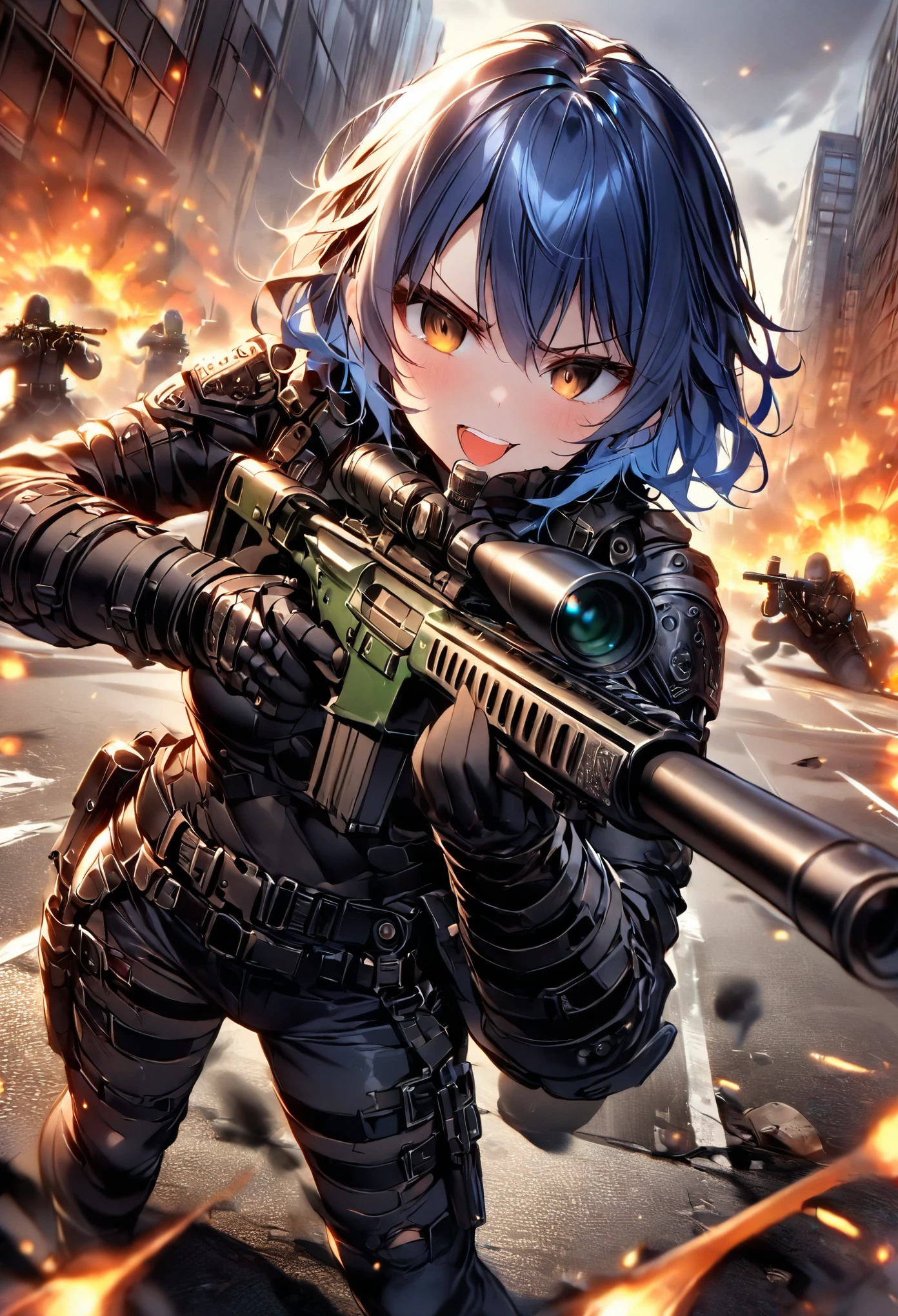 1girl, mercenary, blue hair, short hair, wavy hair, brown eyes, hazel, maniacal laugh, v-shaped eyebrow, evil smile, open mouth ammunition belt, grenades, drop-down pistol holster on the right hip, holstered pistol on the right hip, (holding an sniper rifle, aiming at viewer), new york street, gunfight, shootout, shot NYPD cruisers, an explosion in the street