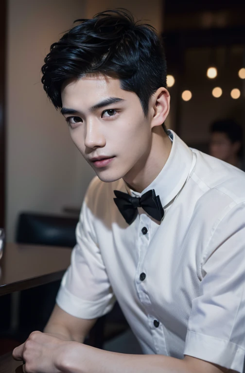 (1 person), Asian, young (male:1.5), gray eyes, slender eyes, Smile, (((boy with very short hair:1.3))), under_cut, Pompadour, ((formal)), ((Handsome, sharp, Wild facial features)), (Strong muscular body), (strong body), in restaurant, People in the background