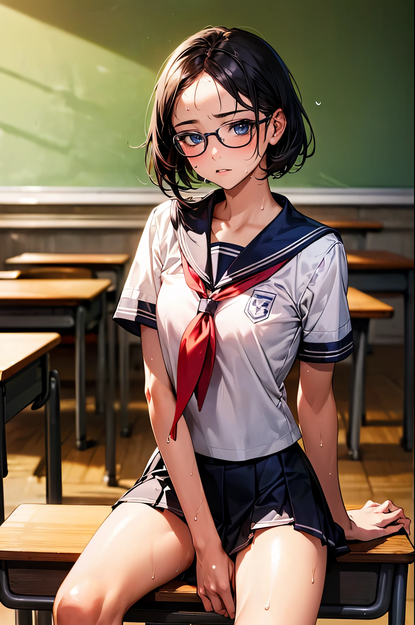 ((perfect anatomy:1.3,realistic:1.3,RAW Photography:1.3,masterpiece、highest quality、Ultra - High resolution、High resolution、Highly detailed CG、8K)),cowboy shot,1 female,solo,18 year old beauty, Japanese、((beautiful detailed face and eyes:1.2,big gorgeous eyes:1.2)),black rim glasses、black hair,short bob hair,(center parted hair:1.4,forehead),medium breasts,slender body,small head:1.3,skinny,(oily skin,gleaming skin,shiny skin,sweat:1.5),(Student uniform、sailor suit、short sleeve、Black sailor collar、Red neckerchief,pleated mini skirt、white panties、love juice、bare legs),sitting,M type spread legs:1.7、classroomの床、classroom、
