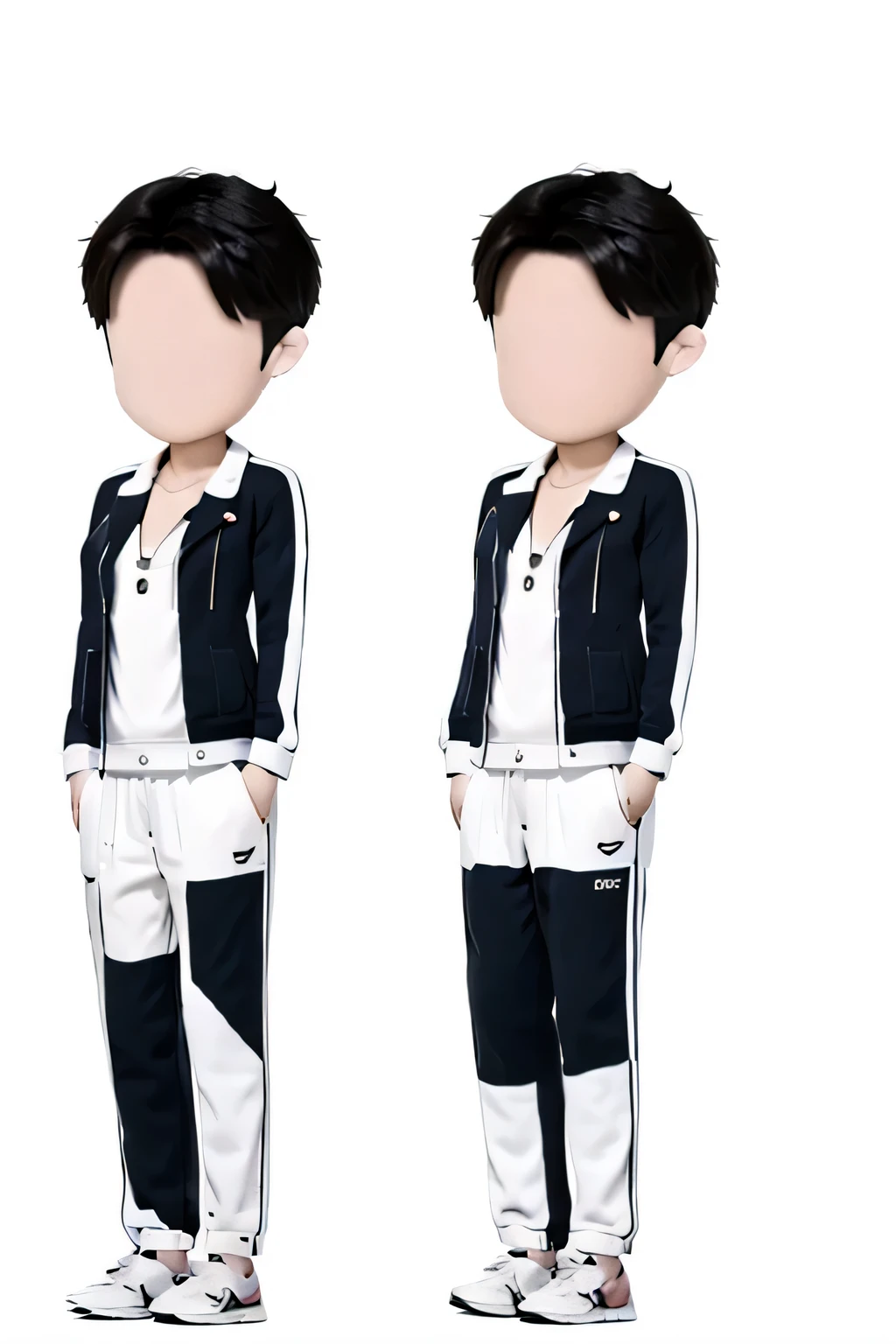 A modern urban Chinese man standing，Wearing a stylish shirt，Spread your hands out to the sides，White background，Q version