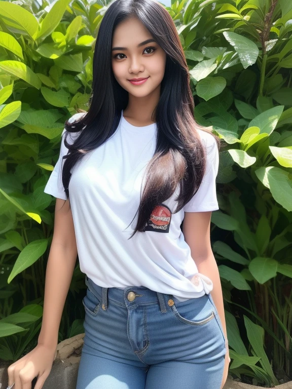 1 Indonesian girl, outdoors, detailed long black hair, detailed face, detailed eyes, medium breasts, shiny skin, looking at the viewer, wearing a white graphic t-shirt, dark blue long Levis pants (soft smile: 1.2), (happy), (8k , RAW photo, best quality, masterpiece: 1.2 ), (realistic, realistic: 1.37), very high resolution