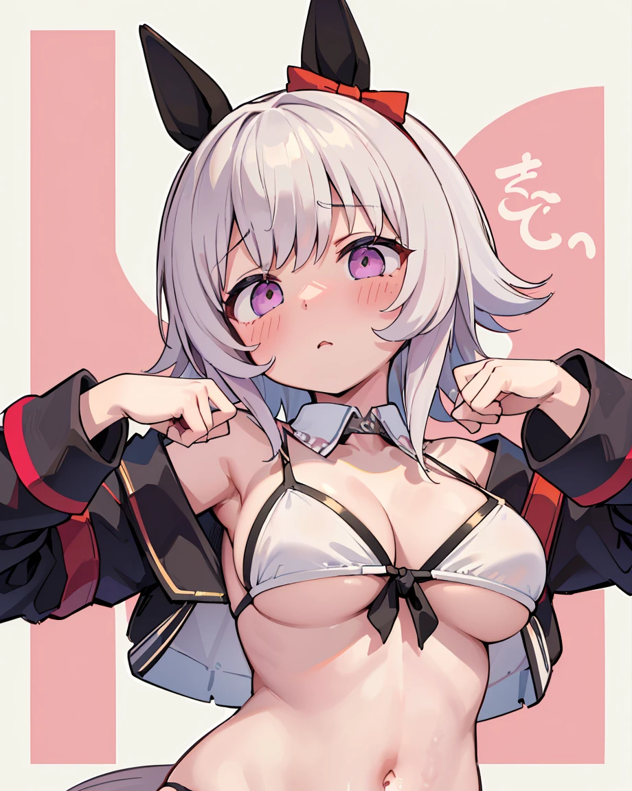 Curren Chan,horse ears,NSFW,1 girl,,,chest,尖ったchest,cleavage,underboob,side boob barbosa,(blush),((embarrassing)),Spread and masturbate((white bikini))first round(((chestを持ち上げる)))((view from below、seen from below))upper body up