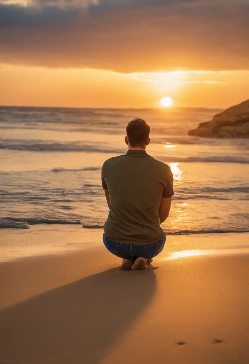 Man sitting on the beach sand with his back bare in jeans, small beard and prescription glasses, hair cut military style, watching the sunrise, with his back to the camera, ((((from behind))), very realist