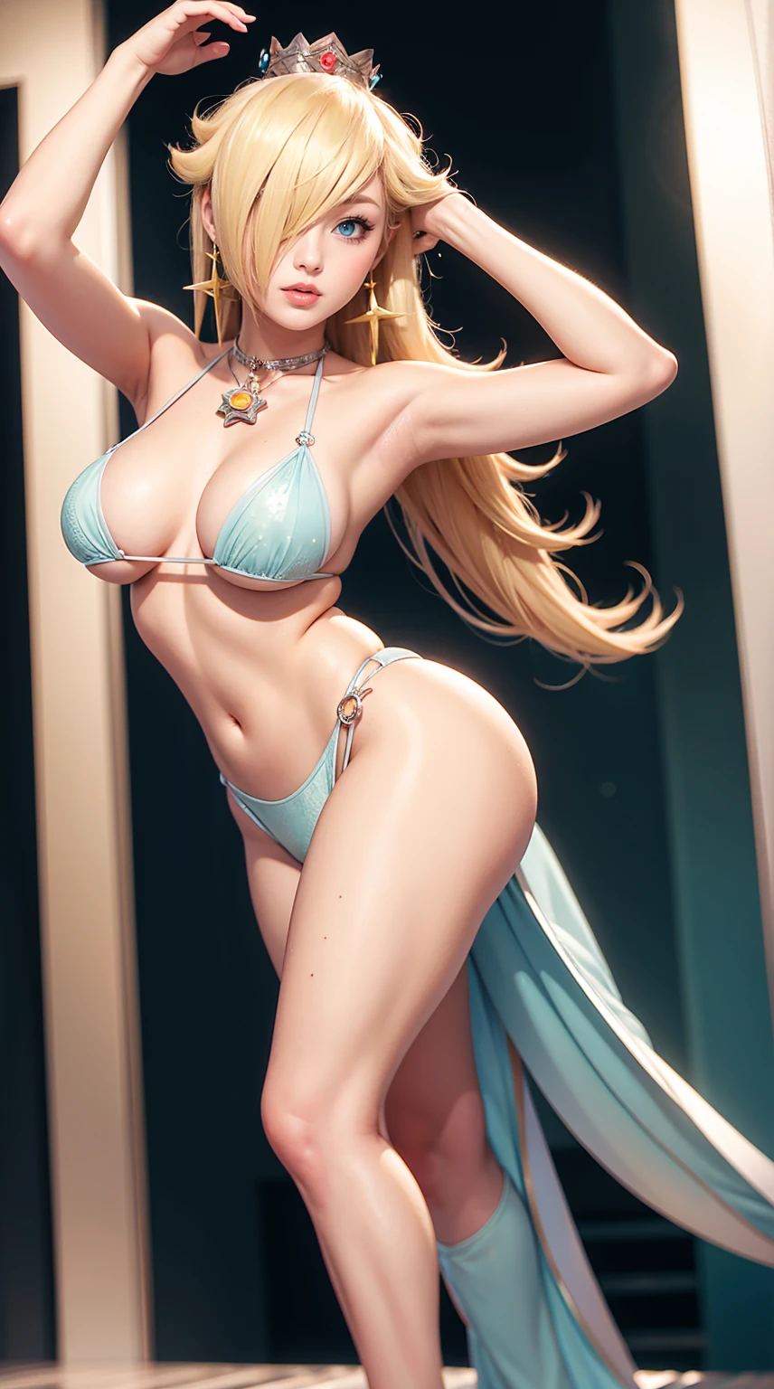 25-year-old Caucasian woman、ash blonde、blue eyess、Semi-long、setting hair、I'm tying my hair、My hair is wavy、Slender but thin macho、accessories on the wrist、wearing a chain necklace、Beautiful breasts、a smile、I need space above my head、Wearing a high-leg retard、Wearing heels、