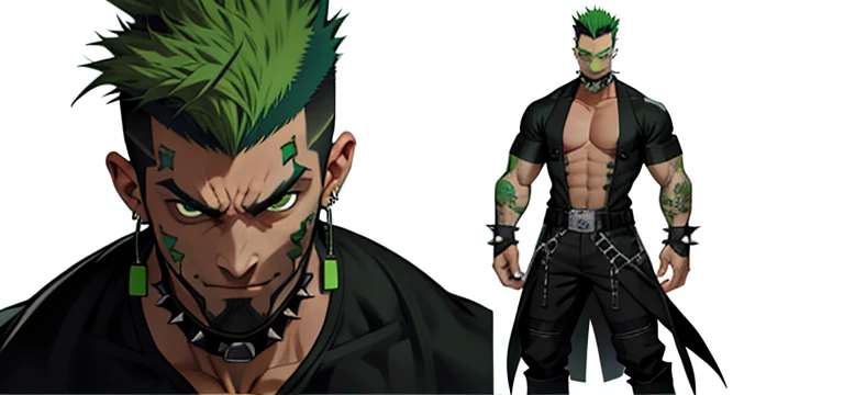 Full body portrait of Dunc@n man, mohawk, spiked choker, facial hair, eyebrow piercing, earrings, green hair, multicolored hair, annoyed expression, black shirt, masculine, (no background:1)