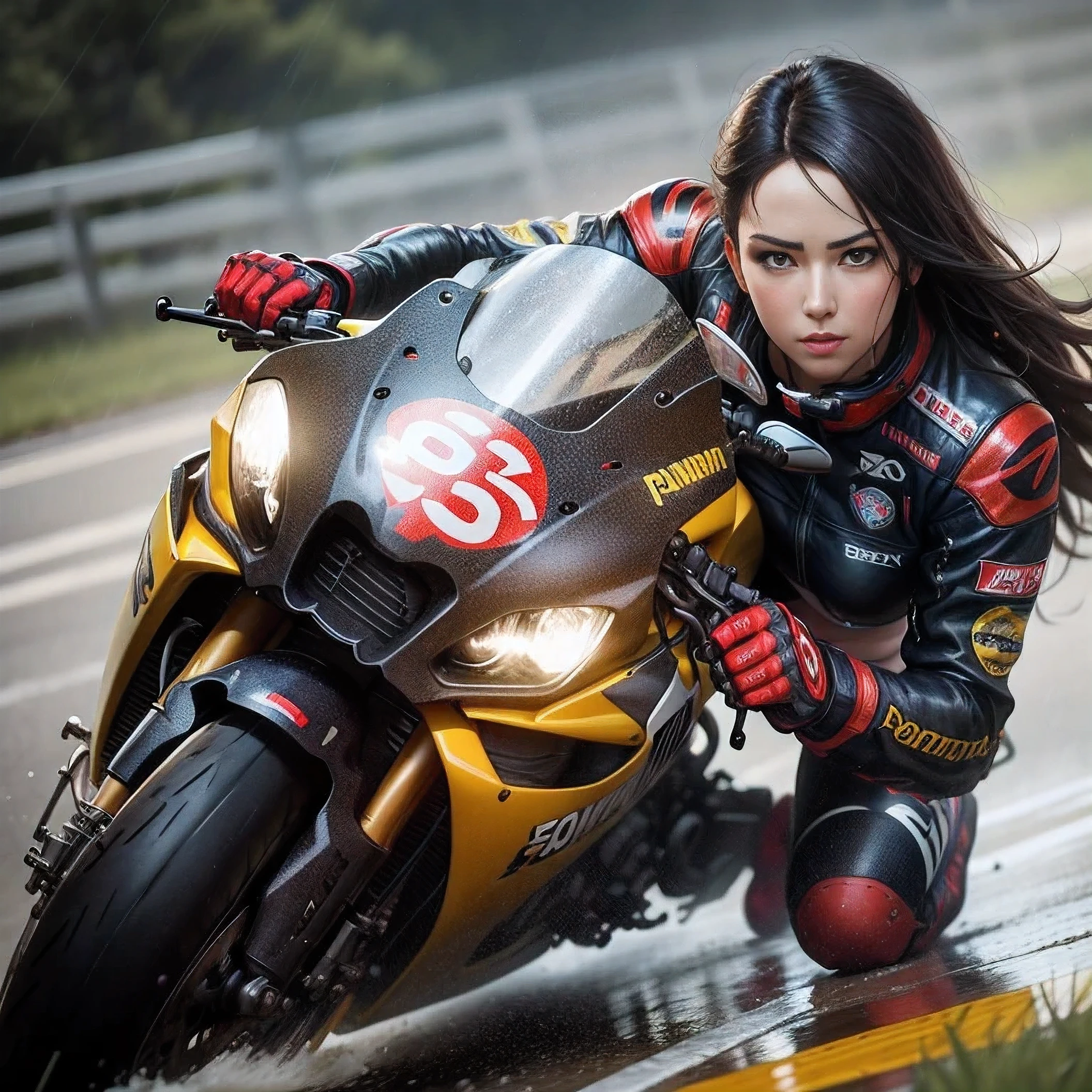 arafed woman leaning on a motorcycle on a wet track, Game CG, realistic art style, Akihiko Yoshida. Unreal Engine, Wojtek FUS, Senna in League of Legends, 8k artistic german bokeh, Octane Association, Kojima De Ami, Akira Hon, Rostland 8K, motorcycle, Motorcycle Hands, realistic art style