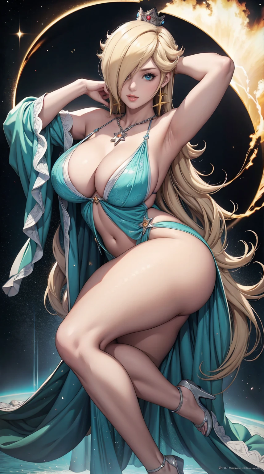 25-year-old Caucasian woman、ash blonde、blue eyess、Semi-long、setting hair、I'm tying my hair、My hair is wavy、Slender but thin macho、accessories on the wrist、wearing a chain necklace、Beautiful breasts、a smile、I need space above my head、Wearing a high-leg retard、Wearing heels、