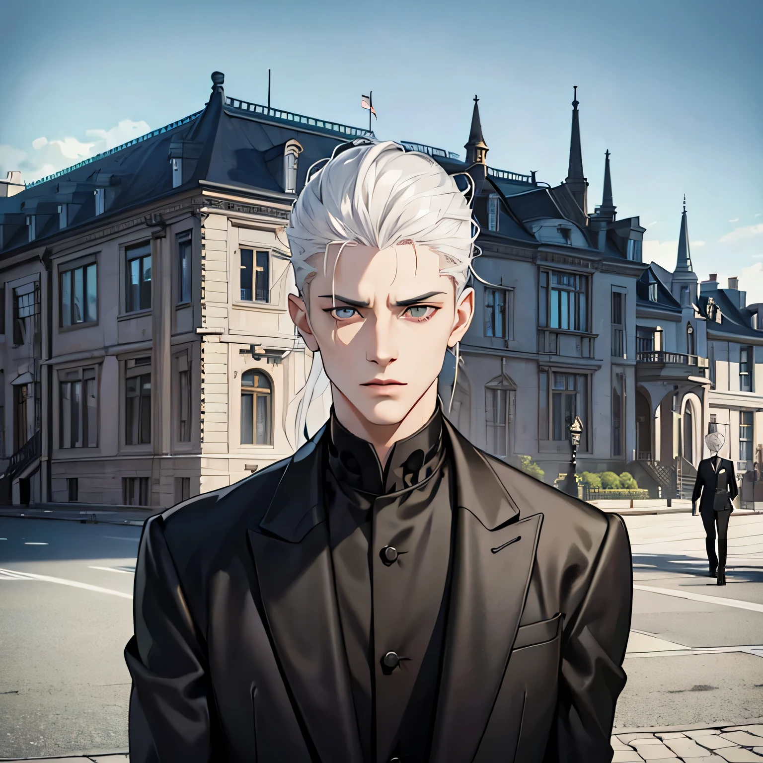 handsome anime tall man in black stylish suit, grey eyes and platinum hair, with a mansion in the background, stern expression, sharp features, semi-realistic, staring into the distance, blurred background, 8k
