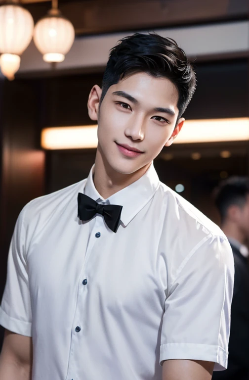 (1 person), Asian, young (male:1.5), gray eyes, slender eyes, Smile, (((boy with very short hair:1.3))), under_cut, Pompadour, ((formal)), ((Handsome, sharp, Wild facial features)), (Strong muscular body), (strong body), in restaurant, People in the background