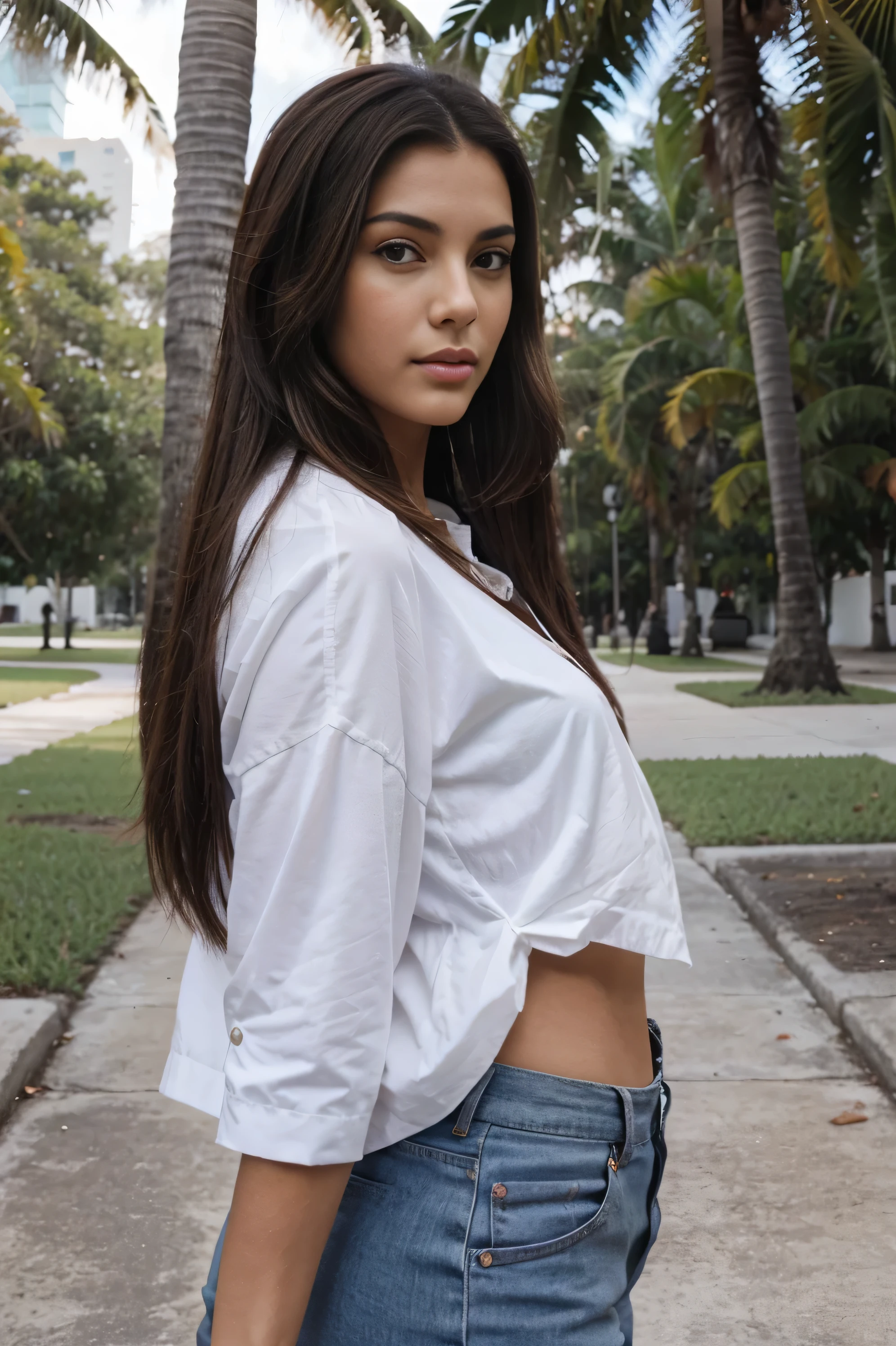 beautiful tall latin girl at a park in miami, brown hair