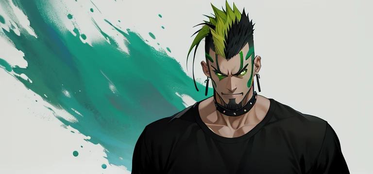 Full body portrait of Dunc@n man, mohawk, spiked choker, facial hair, eyebrow piercing, earrings, green hair, multicolored hair, annoyed expression, black shirt, masculine, (no background:1)