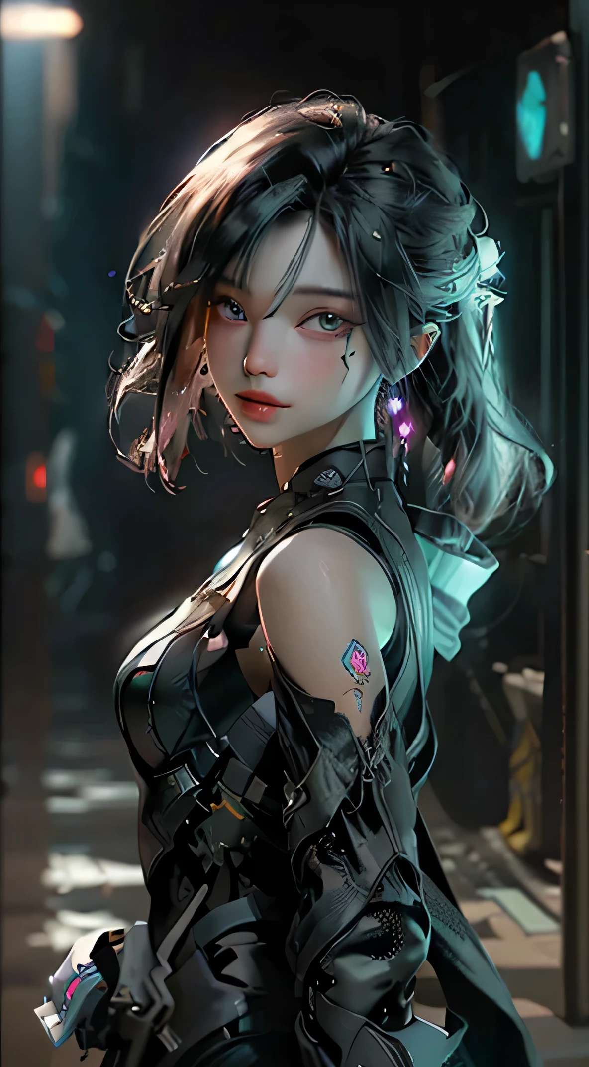 ((Best quality)), ((masterpiece)), (detailed:1.4), 3D, an image of a beautiful cyberpunk female,HDR (High Dynamic Range),Ray Tracing,NVIDIA RTX,Super-Resolution,Unreal 5,Subsurface scattering,PBR Texturing,Post-processing,Anisotropic Filtering,Depth-of-field,Maximum clarity and sharpness,Multi-layered textures,Albedo and Specular maps,Surface shading,Accurate simulation of light-material interaction,Perfect proportions,Octane Render,Two-tone lighting,Wide aperture,Low ISO,White balance,Rule of thirds,8K RAW,