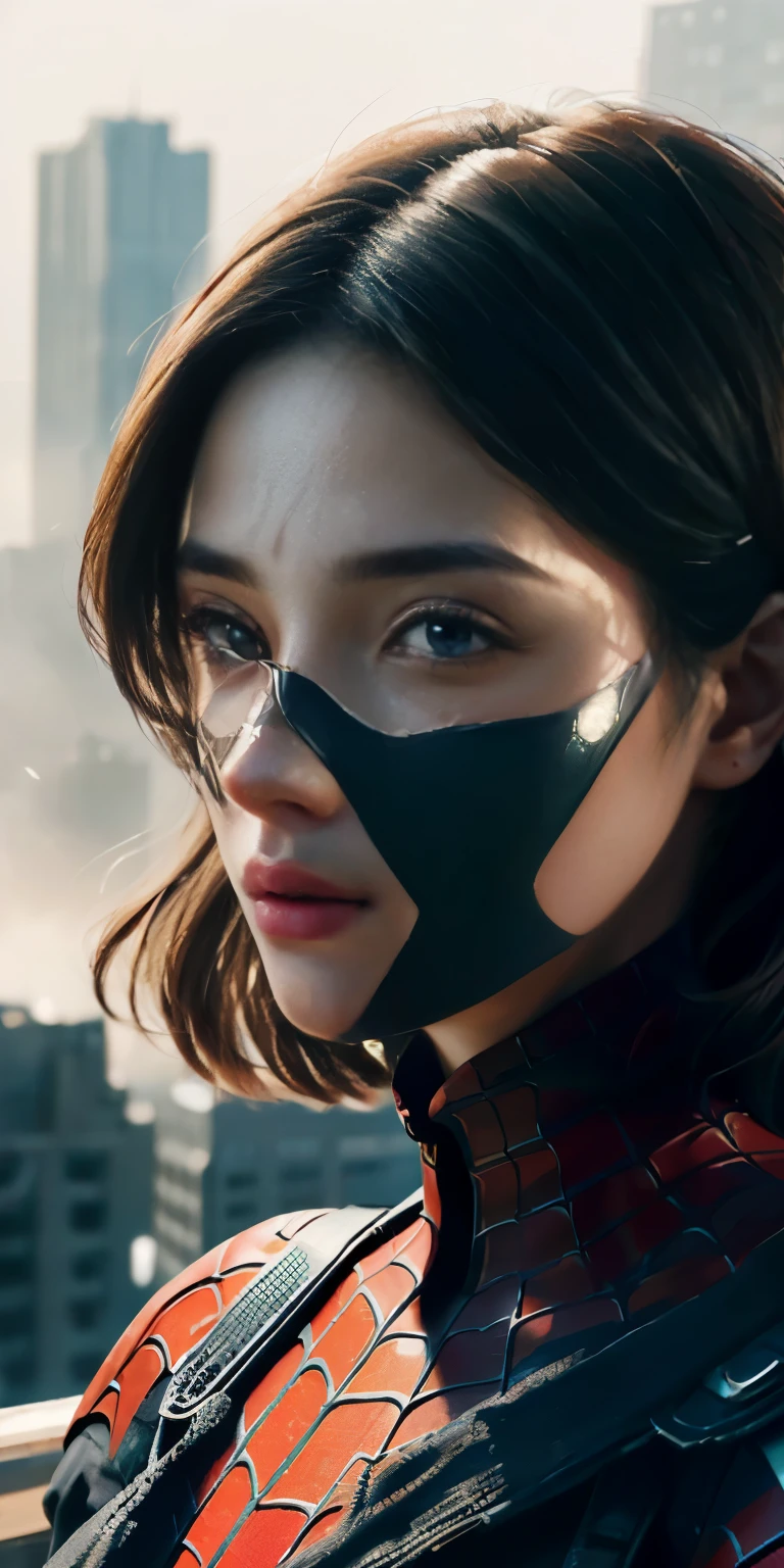 (1girl:1.3), Solo, (((Very detailed face)))), ((Very detailed eyes and face)))), Beautiful detail eyes, Body parts__, Official art, Unified 8k wallpaper, Super detailed, beautiful and beautiful, beautiful, masterpiece, best quality, original, masterpiece, super fine photo, best quality, super high resolution, realistic realism, sunlight, full body portrait, amazing beauty, dynamic pose, delicate face, vibrant eyes, (from the front), She wears Spider-Man suit, red and black color scheme, spider, very detailed city roof background, rooftop, overlooking the city, detailed face, detailed complex busy background, messy, gorgeous, milky white, highly detailed skin, realistic skin details, visible pores, clear focus, volumetric fog, 8k uhd, DSLR, high quality, film grain, fair skin, photo realism, lomography, futuristic dystopian megalopolis, translucent telanjang