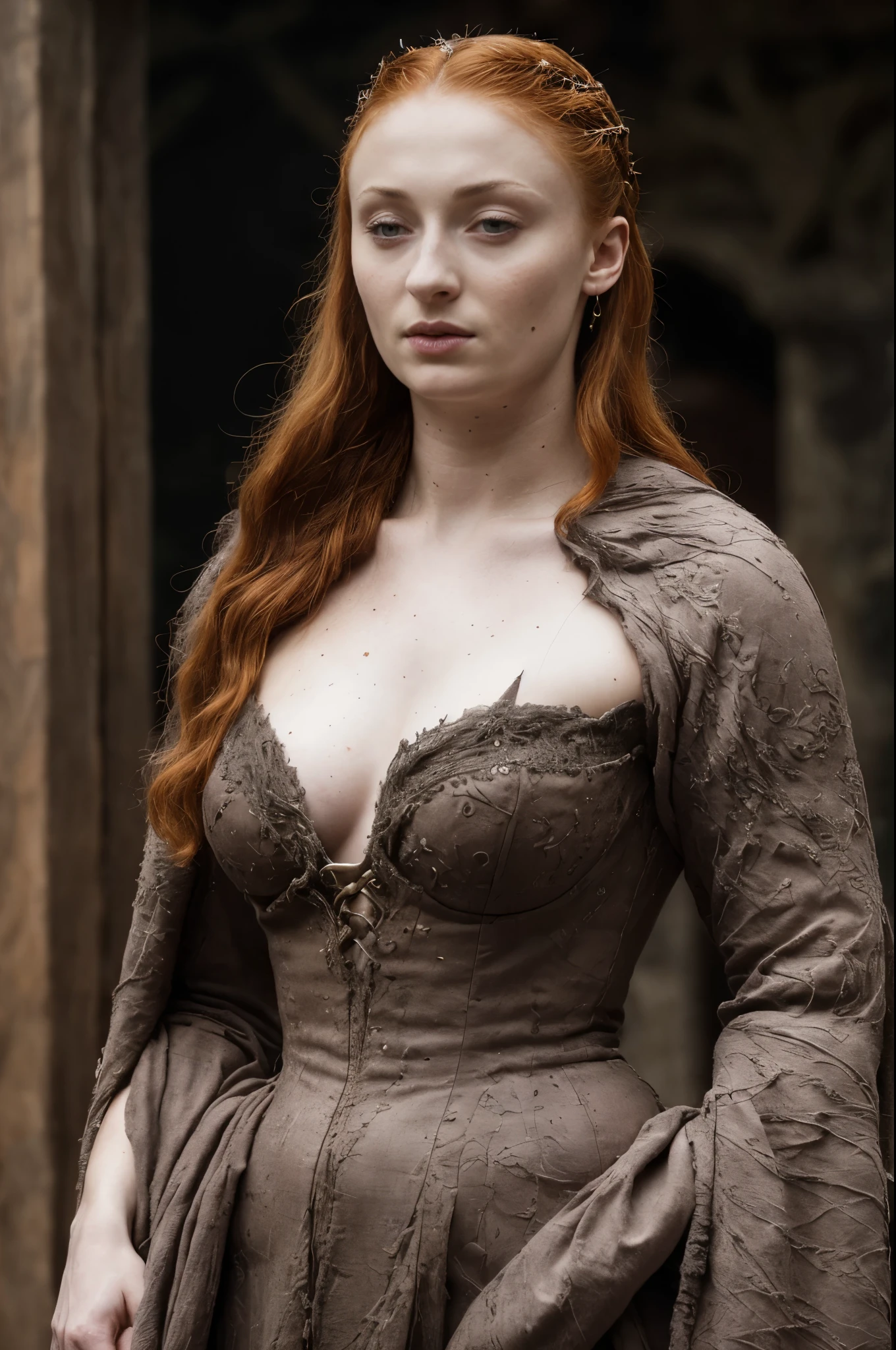 ( Photograph of Sophie Turner as hot queen ) (random photo , full body shot, thick figure, fleshy body, tall woman ) Alayne Stone, Gorgeous Woman, Queen, queen lady, Lady of Winterfell, Wardeness of the North,) the de facto Lady of the Eyrie, 40 years Old, she a Full growned mature lady now, beautiful mature lady, the queen, milf beauty, mature queen, a captivating woman, beautiful queen, empress, mediaeval queen, alluring appearance, unrivaled beauty, , mediaeval erotic costumes, a Game of Thrones-inspired costume, a close-up of a woman from the middle ages, scene from "Game of Throne," deep cleavage, warrior princess, healthy body, perfect thick body, attractive figure, fleshy body, style of "Game of Throne,", stunning woman, dress made of leather clothe ( ( insanely detailed realistic skin texture, pores, wrinkles ,freckles) , realistic environment, detailed ultra realistic facial features perfect body parts, ( hyper photorealistic) )