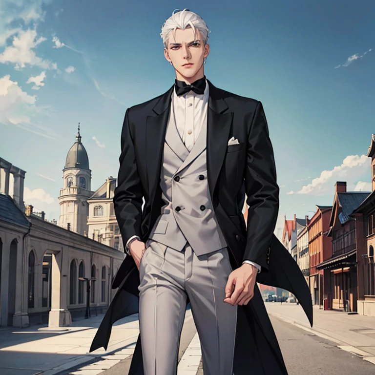 handsome anime tall man in black stylish suit, expressive hands, grey eyes and platinum hair, with a mansion in the background, neutral expression, sharp features, semi-realistic, staring into the distance, blurred background, 8k