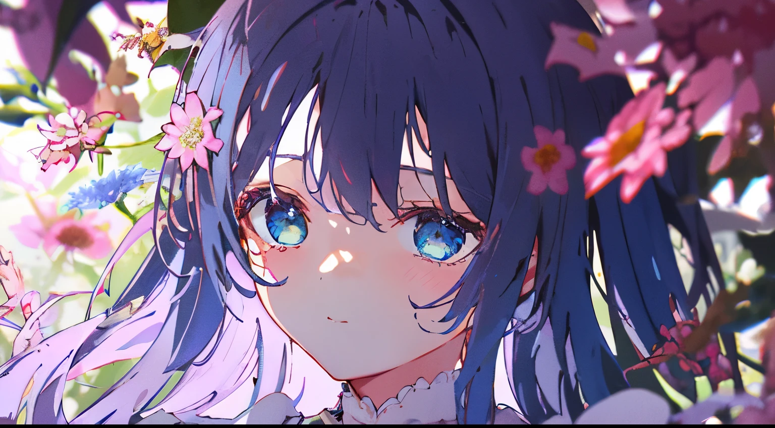 (absurderes,A high resolution,ultra - detailed),1girll,a matural female,long whitr hair,bluntbangs,shift dresses,Fine eyes and detailed face,Extremely detailed Cg Unity 8K wallpaper,intricately details,Break,Kaleidoscopic image、Symmetrical pattern、vivd colour、geometric shapes、flattering design、optical illusions、Dynamic composition break、The art of pantomime、Expressive body language、Silent storytelling、Evocative gestures、Visual storytelling、Theatrical performances break free、flowers in full bloom、Colorful petals、Fragrant smell、Nature's gift,Vibrant garden,peaceful scenery