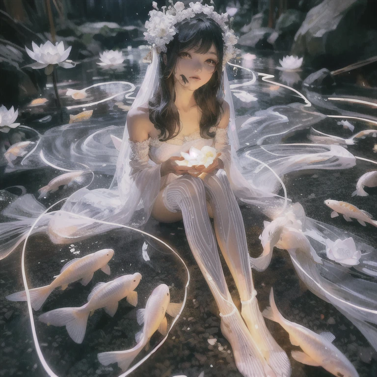 Ancient Chinese beauty sitting on the stone, wearing chinese clothes, flowing tulle, Light silk, Lazy posture, big lotus leaf, lotus, ink painting style, clean colors, Decisive cuts, Leave blank, unarmed, masterpiece、, super detailed, epic work, highest quality, high quality, 4k --auto--s2