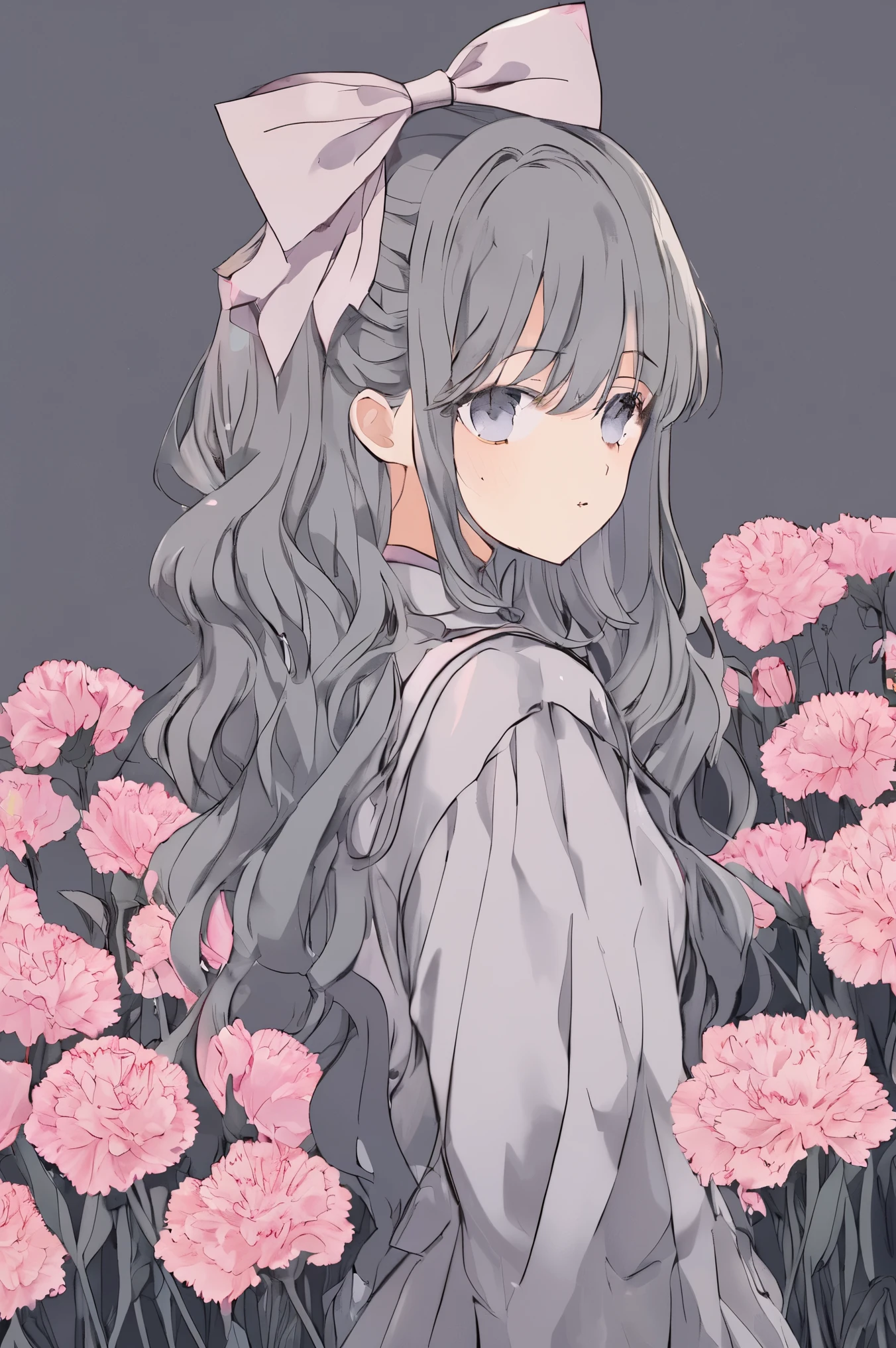 Rozheva has hair, carnation bows, gray , school background
