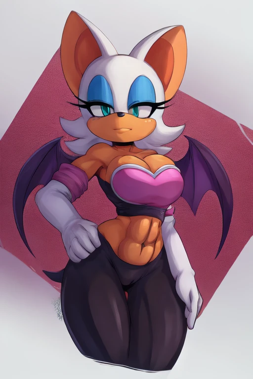 ((best quality)), ((masterpiece)), (detailed), perfect face, rouge that bat with abs wearing a crop top of her classic outfit with a bare midriff and a bare navel, she has a tan midriff 