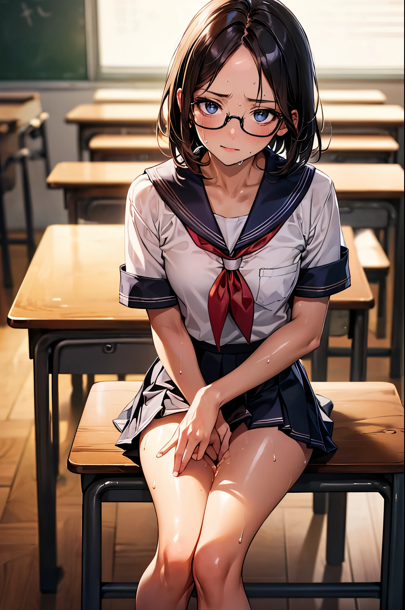((perfect anatomy:1.3,realistic:1.3,RAW Photography:1.3,masterpiece、highest quality、Ultra - High resolution、High resolution、Highly detailed CG、8K)),cowboy shot,1 female,solo,18 year old beauty, Japanese、((beautiful detailed face and eyes:1.2,big gorgeous eyes:1.2,black rim glasses))、black hair,short bob hair,(center parted hair:1.4,forehead),medium breasts,slender body,small head:1.3,skinny,(oily skin,gleaming skin,shiny skin,sweat:1.5),(Student uniform、sailor suit、short sleeve、Black sailor collar、Red neckerchief,pleated mini skirt、white panties、love juice、bare legs),sitting,spread legs:1.59、classroomの床、classroom、