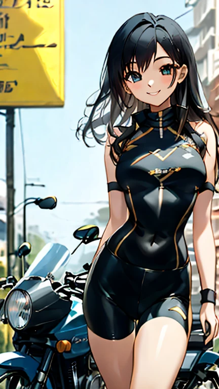 sexy uniform, girl on a motorcycle, super realistic photo,drooping breast,wide hips,translucent
