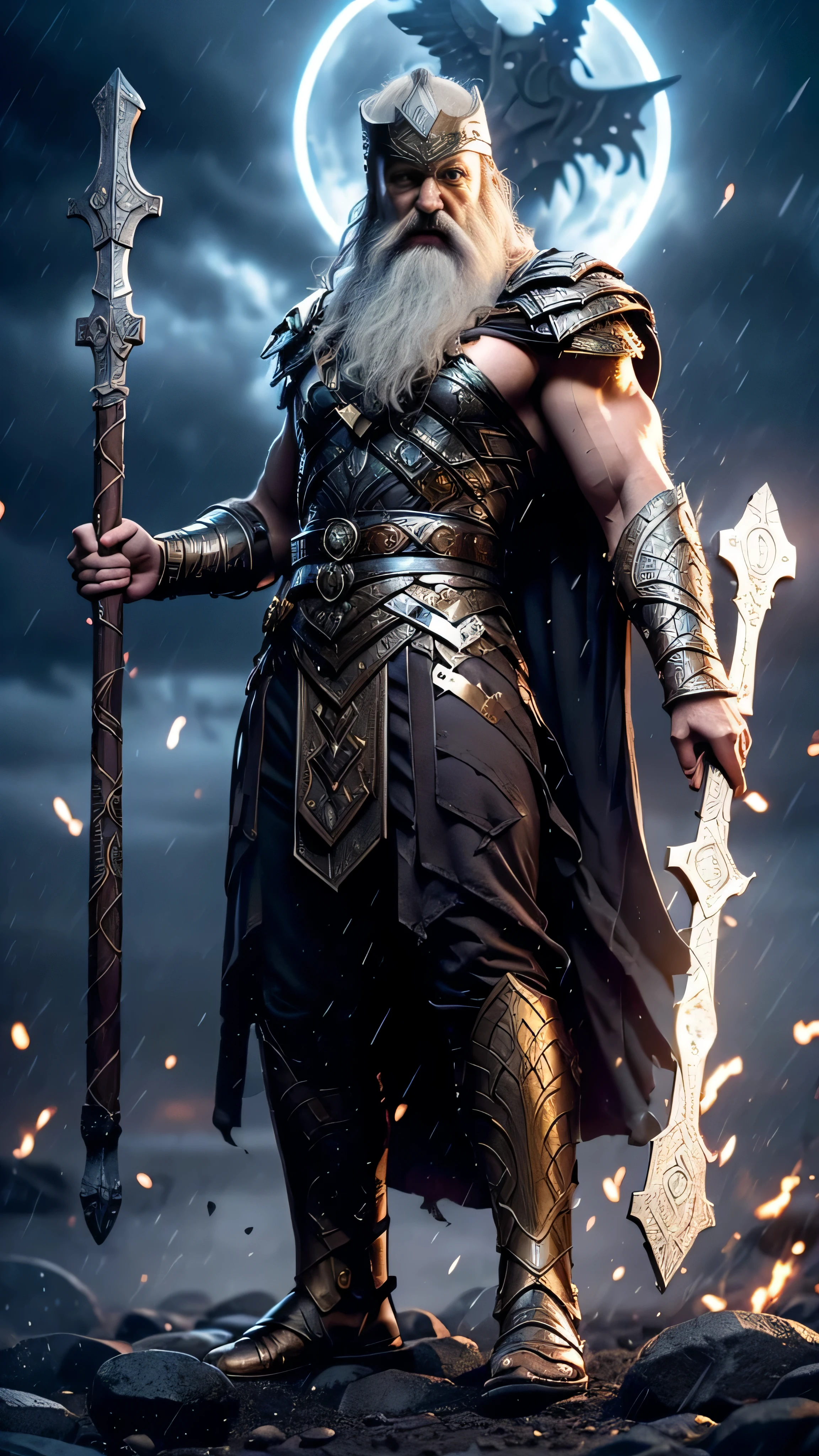 ((Liam Cunningham)) as God Odin, all-father of Scandian Gods, full body view, 1man, solo, beautiful detailed glow, detailed, cinematic light, intricate detail, realistic, highres, detailed facial features, high detail, sharp focus, smooth, aesthetic, extremely detailed, stamp, octane render