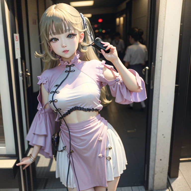 Hanabusa lisa from VSPO, idol, japanese girl, cosplaying, in tokyo, looking at camera, cinematic, sharp lense, professional photographie, 70mm lense, soft light, , 4k