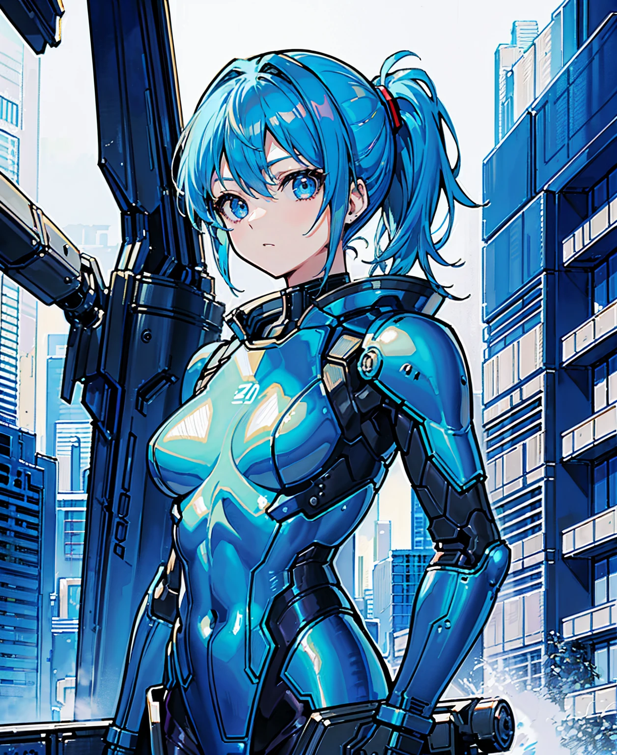 blue hair、masterpiece、best quality、1 girl、medium breasts、((album cover))、light on face、slim body、blue costume、exoskeleton、metal Gear、cyberpunk style、ponytail、The Gundam pilot、attention arousal,Ride a fighter