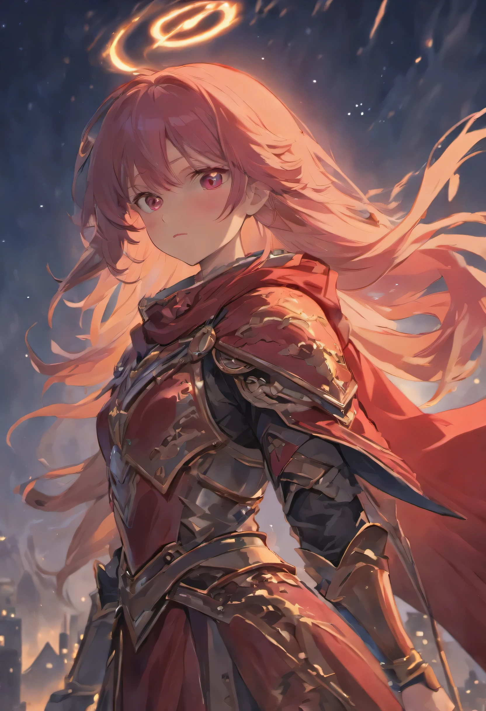 Craft a hyper-realistic portrayal of a glowing pink eyes and long straight hair. Wind is blowing her hair to one side, Gradient night sky background with a few stars draped in a striking red cloak, standing amidst a landscape of rugged terrain. Render every fold and texture of the fabric with meticulous detail, capturing the interplay of light and shadow as it cascades over the knight's form. The armor should gleam with a lustrous sheen, reflecting the surrounding environment with stunning clarity. Incorporate subtle imperfections and weathering to add depth and authenticity to the scene, immersing the viewer in a world where every scratch and scuff tells a story of battles fought and victories won. This hyper-realistic depiction should transport viewers to a realm where the line between fantasy and reality blurs,