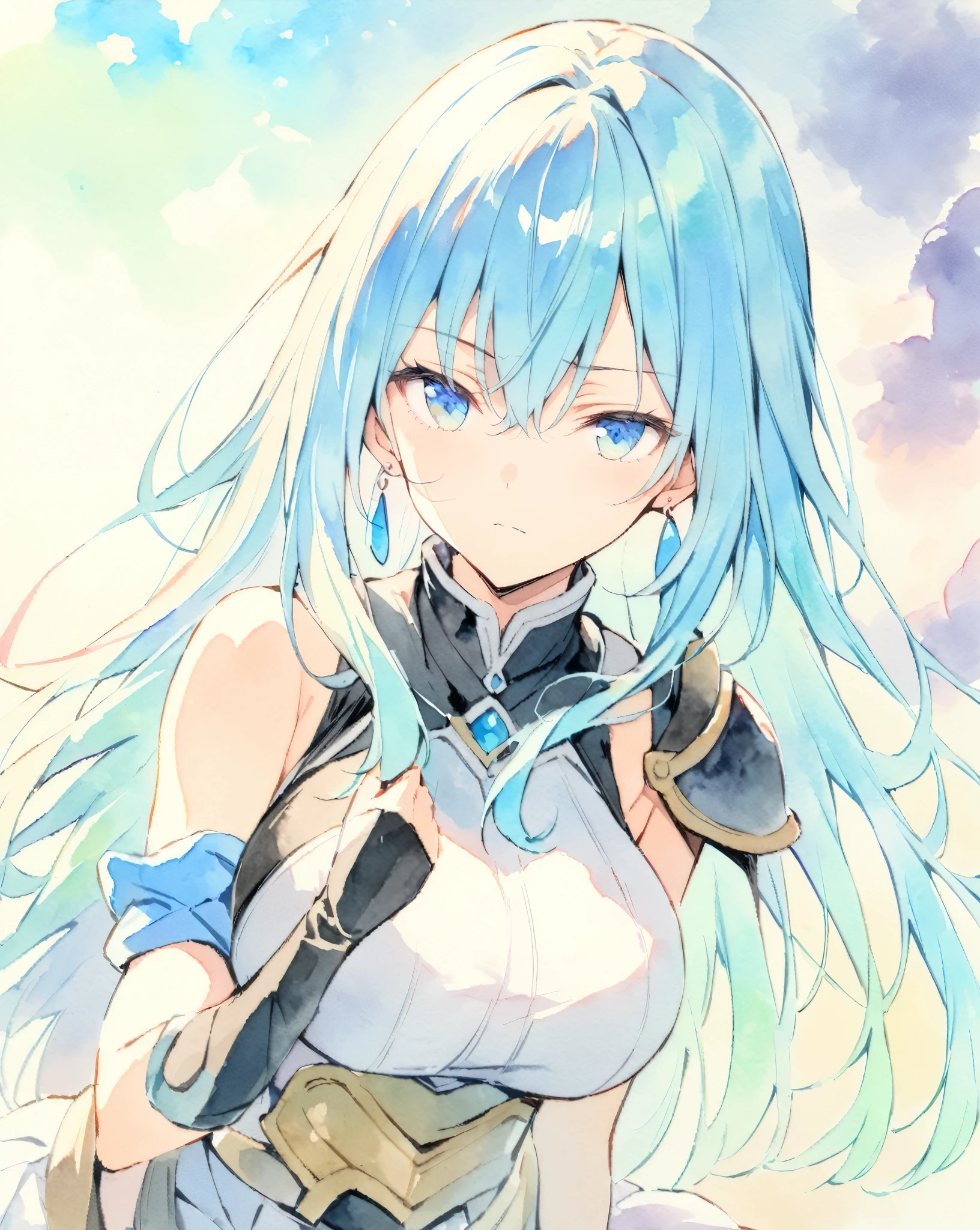masterpiece, best quality, watercolor (medium), 1 girl, breast, alone, long hair, split, Sky blue hair, blue eyes, earrings, Bangs, jewelry, skirt, bare shoulders, sleeveless, hair between eyes, 单pauldron, looking at the audience, large breast, armor, shoulder armor, sleeveless skirt, Upper body, single sleeve, white skirt, pauldron, contempt