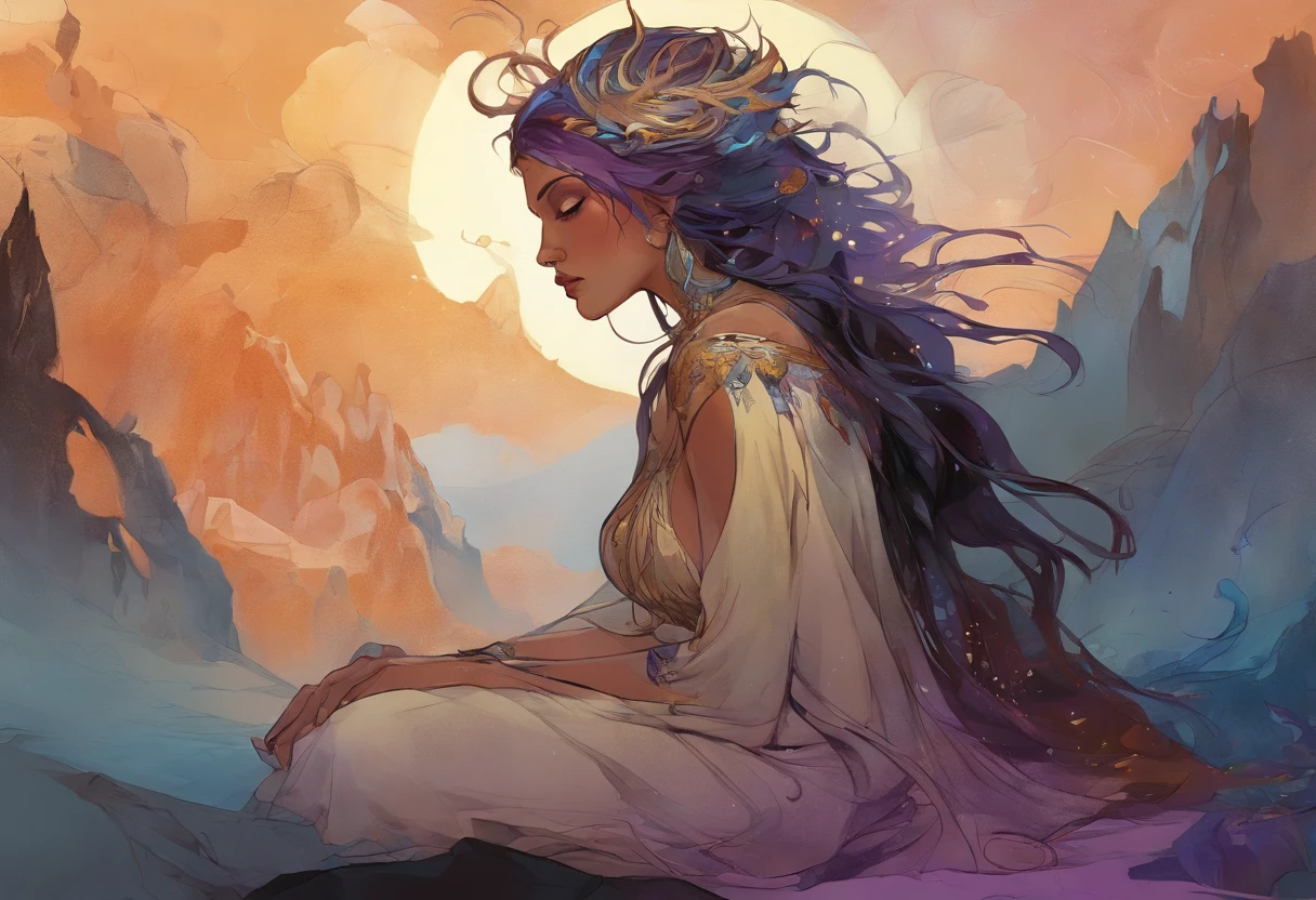 Body painting of a European female, kneeling down while crying angrily, black burn scar on the whole left side of her body, long hair, very messy hair, silver hair, dark blue eyes, white diamond pupil, sharp black claws on her left hand, thorny frame, Decorative panels, abstract, night time, artistic, by Alphonse Mucha (Masterpiece, Best Quality, Highres:1.4), Detailed, Intricate Details, 4K, color splashes, line art, 4K,Complicated details,HighestQuali,A woman in a robe sits alone,looking at the distance,The tone suppresses anger,deep colour,black in color,Deep black,purpleish color,Mountains and mountainagia,The feeling of loneliness,repression,Tattered tunic, samdoesarts style a Obsidian fairy by agnes cecile,by art Simon Stalenhag,Nicola Samori,(((Wangechi Mutu))), luminous design, pastel colours, ink drips, autumn lights,extremely detailed,masterpiece,intricate details,faded,eyes extremely detailed, high detailed eyes,4k resolution,RAW, Nikon Z9