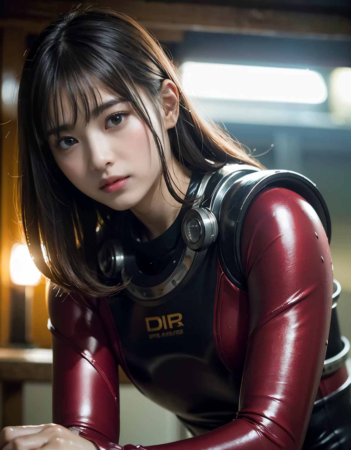 (1 girl)、highest quality、masterpiece、超A high resolution、(Photoreal:1.4)、Raw photo、1 girl、wet hair、Sweat、(Wearing a heavy diving suit)、Female Divers、long sleeve,、Heavy gloves、Portrait、Shadow、octane rendering、8K、super sharp、Metal、intricate decorative details、Lake Details、very intricate details、realistic light、(mysterious look)、shining eyes、towards the camera、Small LED、Close-up