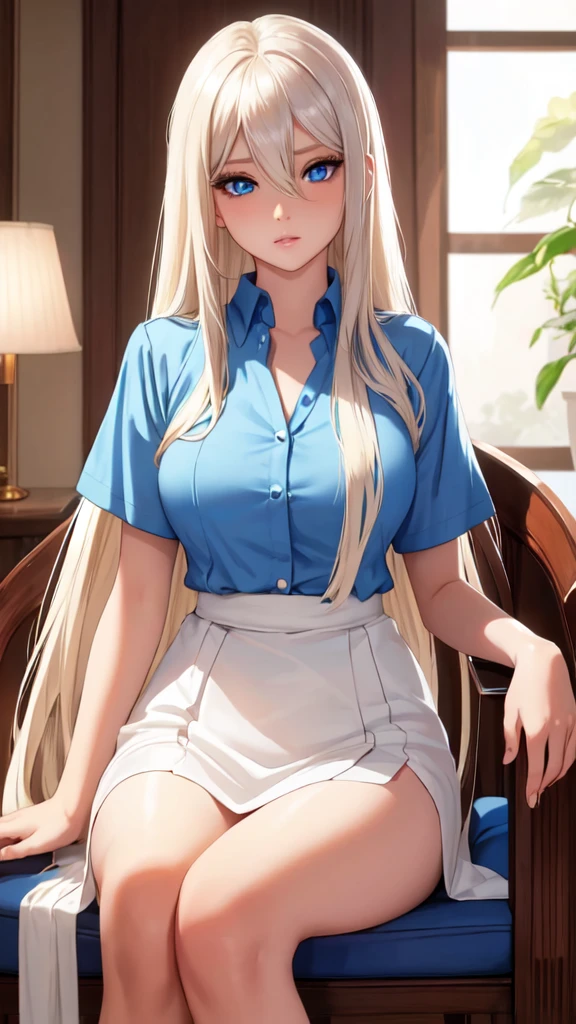 Unparalleled beauty, shiny shiny firm and shiny skin, bangs between eyes, shiny straight beautiful platinum blonde, super long straight silky hair, eyeliner, sexy beautiful innocent , high definition big big beautiful bright blue eyes, beautiful and lovely girl, baby face, sve shirt, sitting in a chair