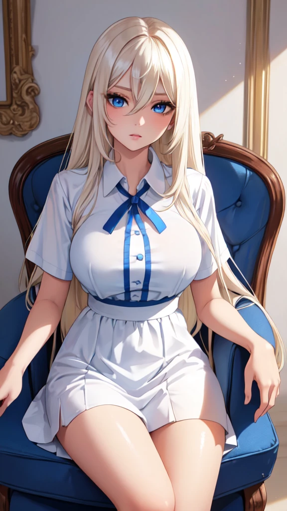 Unparalleled beauty, shiny shiny firm and shiny skin, bangs between eyes, shiny straight beautiful platinum blonde, super long straight silky hair, eyeliner, sexy beautiful innocent 14 years old, high definition big big beautiful bright blue eyes, beautiful and lovely girl, baby face, short sleeve shirt, sitting in a chair