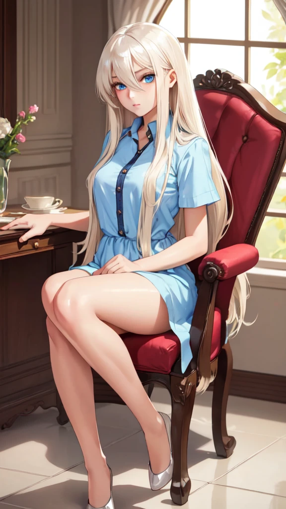 Unparalleled beauty, shiny shiny firm and shiny skin, bangs between eyes, shiny straight beautiful platinum blonde, super long straight silky hair, eyeliner, sexy beautiful innocent 14 years old, high definition big big beautiful bright blue eyes, beautiful and lovely girl, baby face, short sleeve shirt, sitting in a chair
