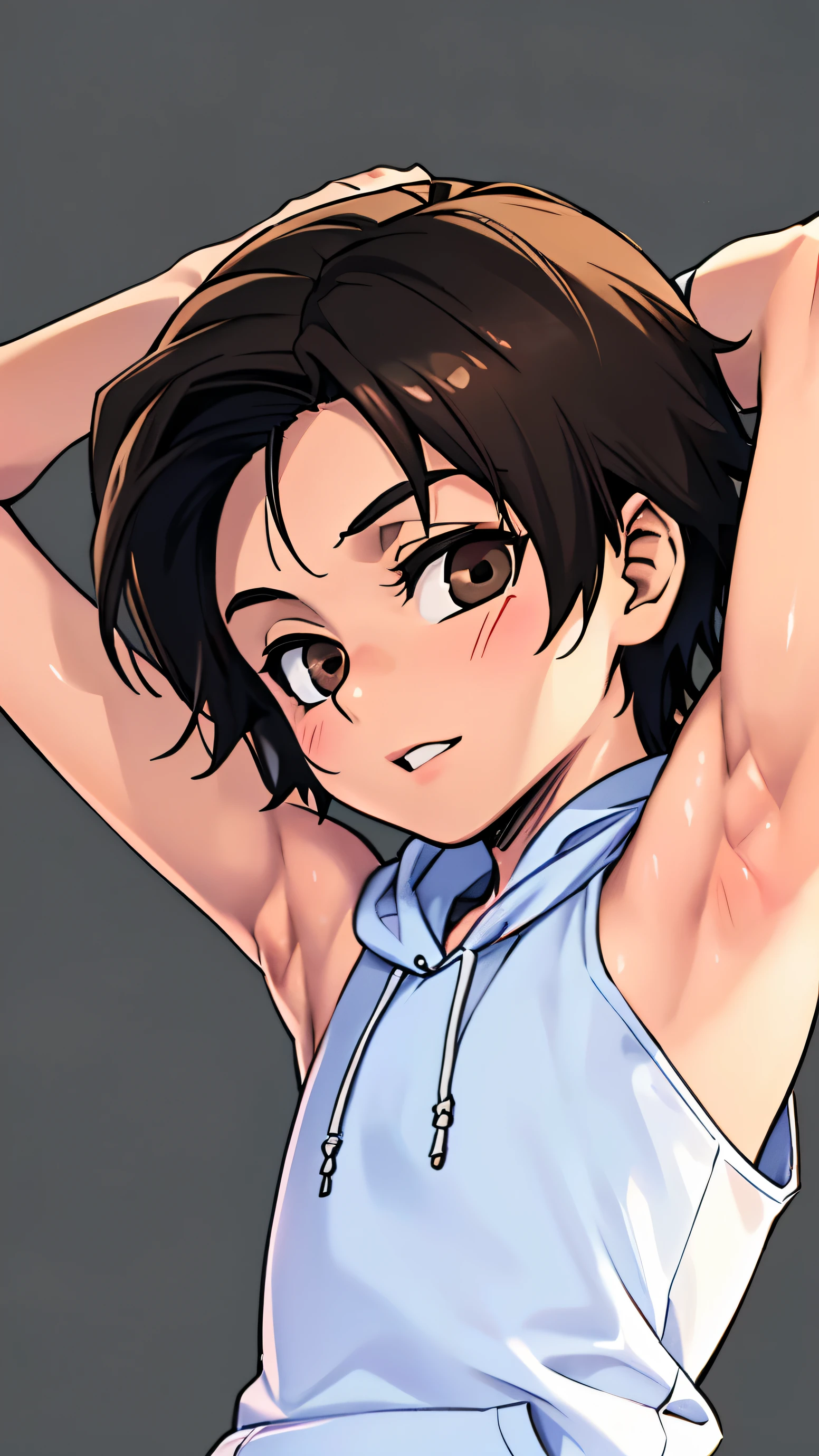 highres,Masterpiece， Best quality at best,Best Quality,hight quality, hight detailed, realistic, photorealistic, Anime style, 1boy,  Boy, Simple beckground, (Showing armpit:1.2), Cheerful boy, Hansome boy, Sleeveless hoodie, boy focus