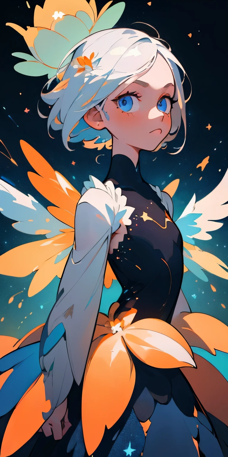 (best quality, masterpiece), 1girl, galaxy, glitter, dress, particle, wind, flower, upper body, dark simple background, looking at viewer, white hair, blue eyes colour, sceme blue and orange, add small wings