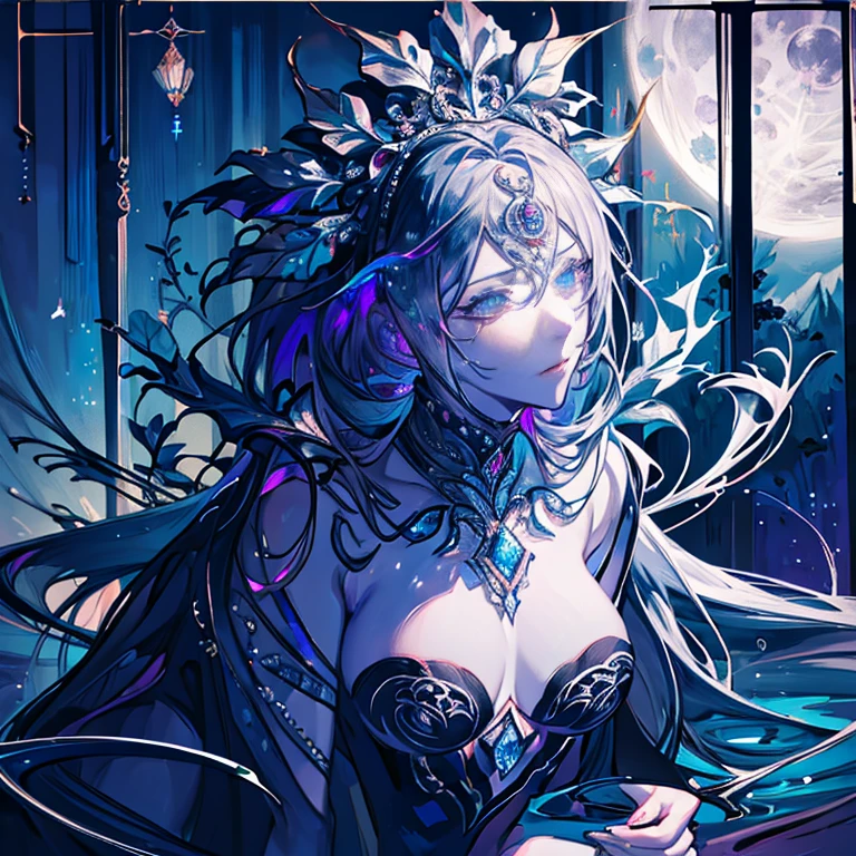 Body painting of a European female, kneeling down while crying angrily, black burn scar on the whole left side of her body, long hair, very messy hair, silver hair, dark blue eyes, white diamond pupil, sharp black claws on her left hand, thorny frame, Decorative panels, abstract, night time, 
artistic, by Alphonse Mucha
(Masterpiece, Best Quality, Highres:1.4), Detailed, Intricate Details, 4K, color splashes, line art, 4K，Complicated details，HighestQuali，A woman in a robe sits alone，looking at the distance，The tone suppresses anger，deep colour，black in color，Deep black，purpleish color，Mountains and mountainagia，The feeling of loneliness，repression，Tattered tunic, full body, detailed 4k face, high definition face, perfect face, forest and full moon in background, woman kneeling