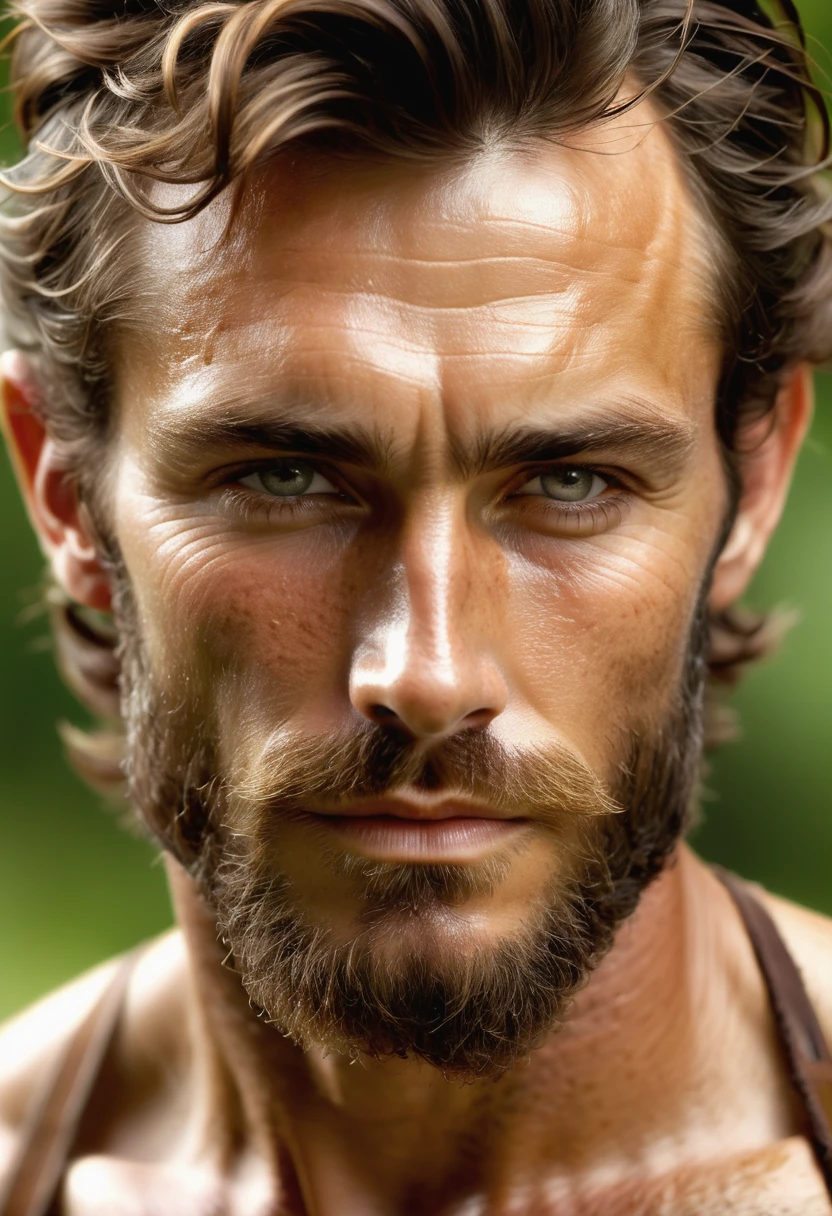 (highly detailed, soft light, detailed face, detailed skin, detailed eyes, photorealistic, dynamic light; cinematic); victorian era; 1820s; 33 years old man; German; 1820s gentleman; leadership figure; strikingly handsome; confident and intensely alluring; wild man aesthetic; defined cheekbones; defined strong jawline; longer chin; handsome face; strapping; tough but romantically interested expression; masculine face with several scars; charismatic; grizzled; sensual; strong aristocratic nose; manly passionate air; very attractive; burly broad stature; broad strong shoulders; ruddy weathered skin; long stubble beard; natural light-blue eyes; thick strong chestnut-brown eyebrows; carefully-shaped 1820s sideburns; 1820's union shirt, ripped open and showing chest; 1820s suspenders connected to pants; hairy naked broad heavily muscled chest; short straight chestnut-brown hair in 1820's hairstyle; full firm masculine lips; standing inside an 1820s intimate cosy log cabin at night-time;  looking at camera