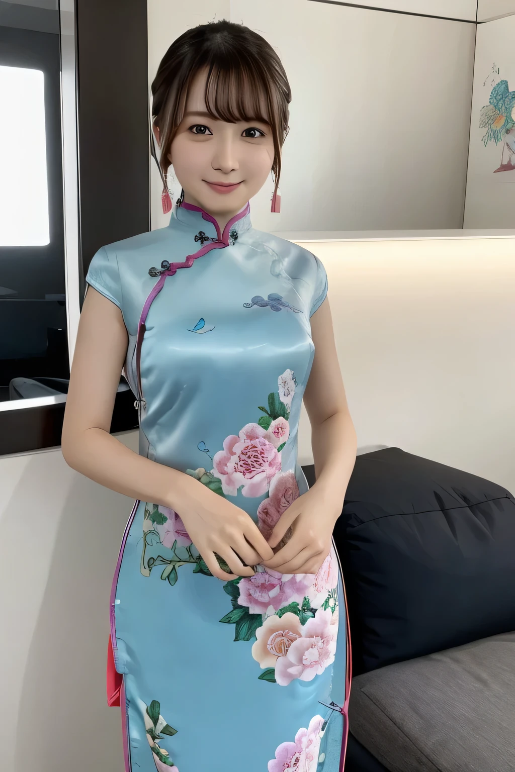 1 girl, beautiful, cute, professional lighting, highest quality,well-groomed face,(qipao:1.5), beautiful,short hair,